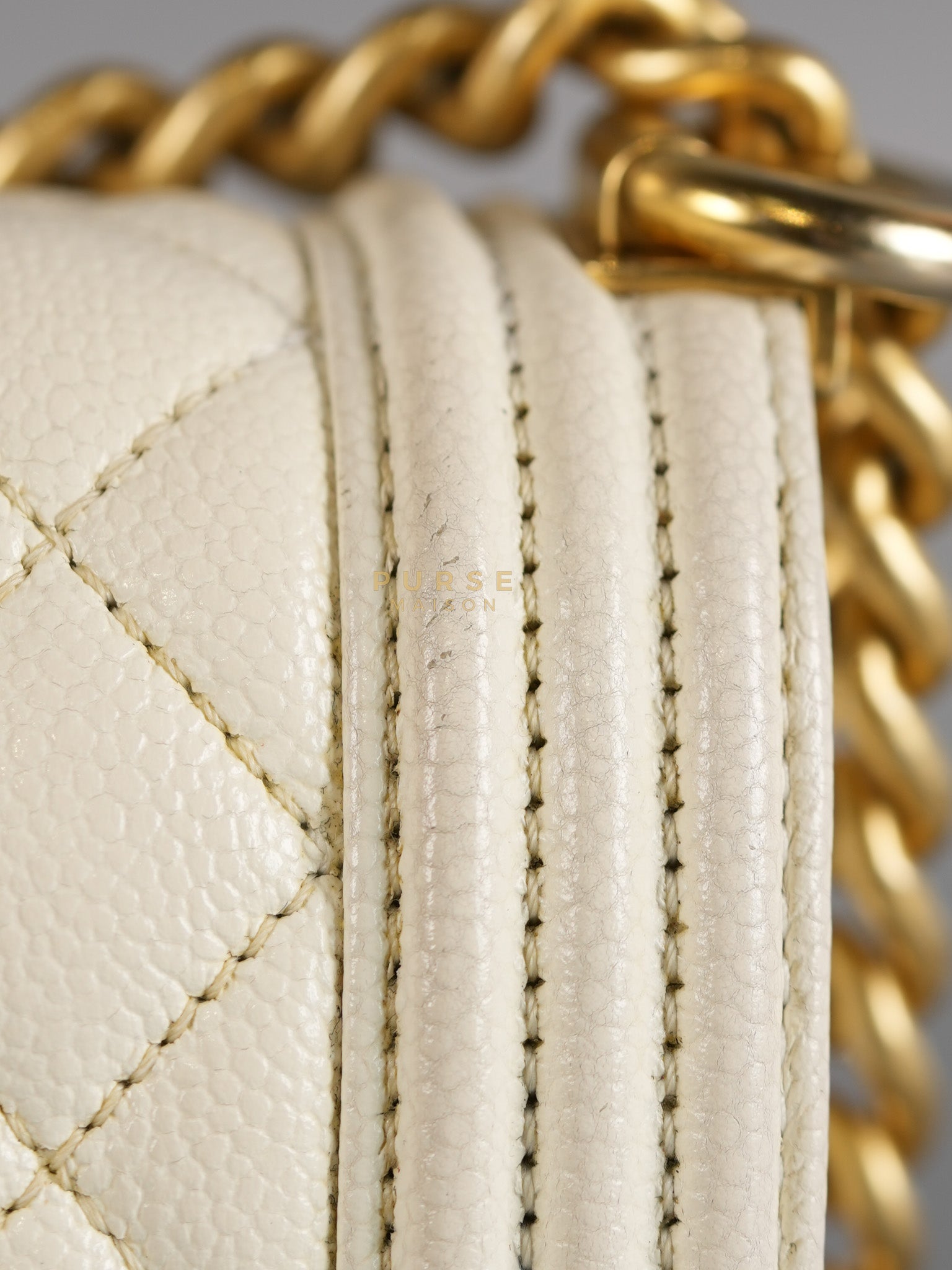 Boy Crescent White in Caviar Leather and Aged Gold Hardware (Microchip) | Purse Maison Luxury Bags Shop