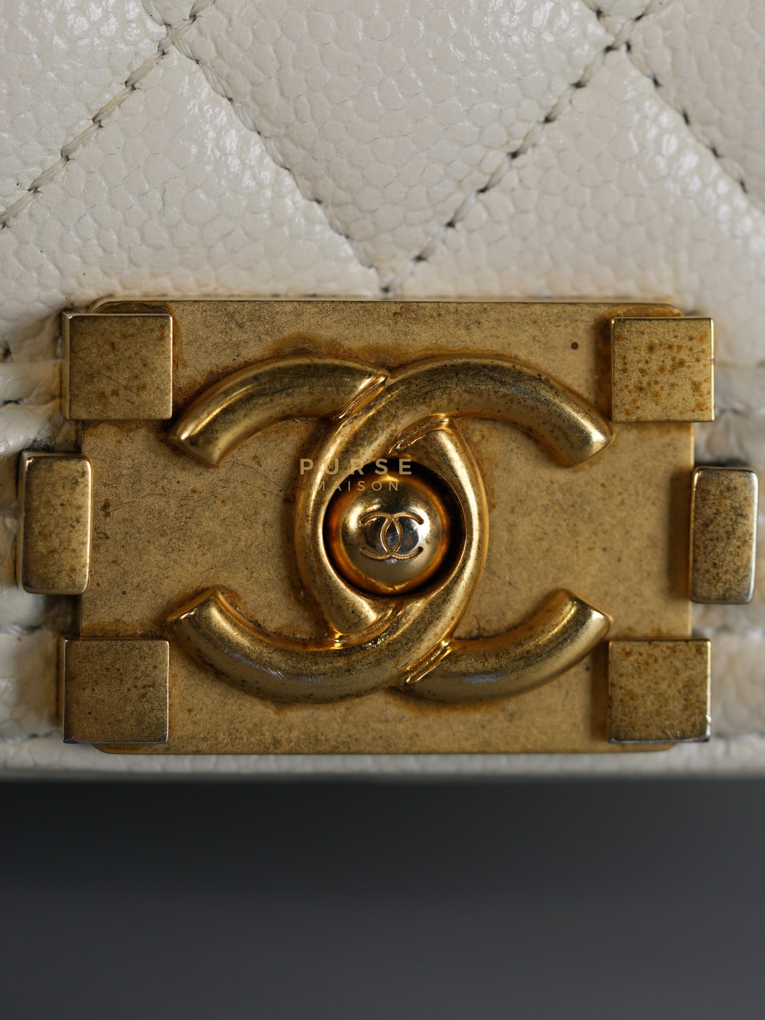 Boy Crescent White in Caviar Leather and Aged Gold Hardware (Microchip) | Purse Maison Luxury Bags Shop