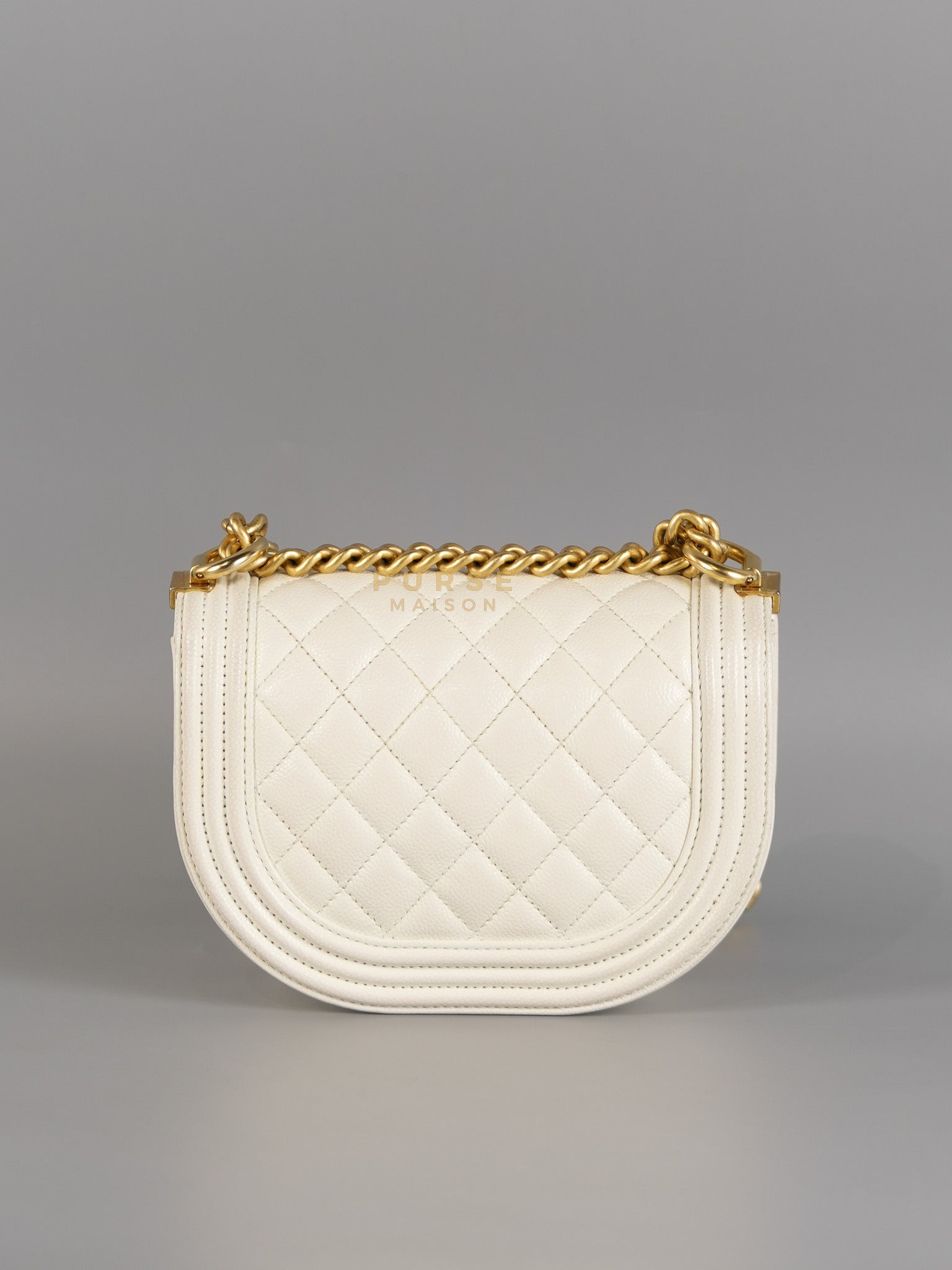 Boy Crescent White in Caviar Leather and Aged Gold Hardware (Microchip) | Purse Maison Luxury Bags Shop