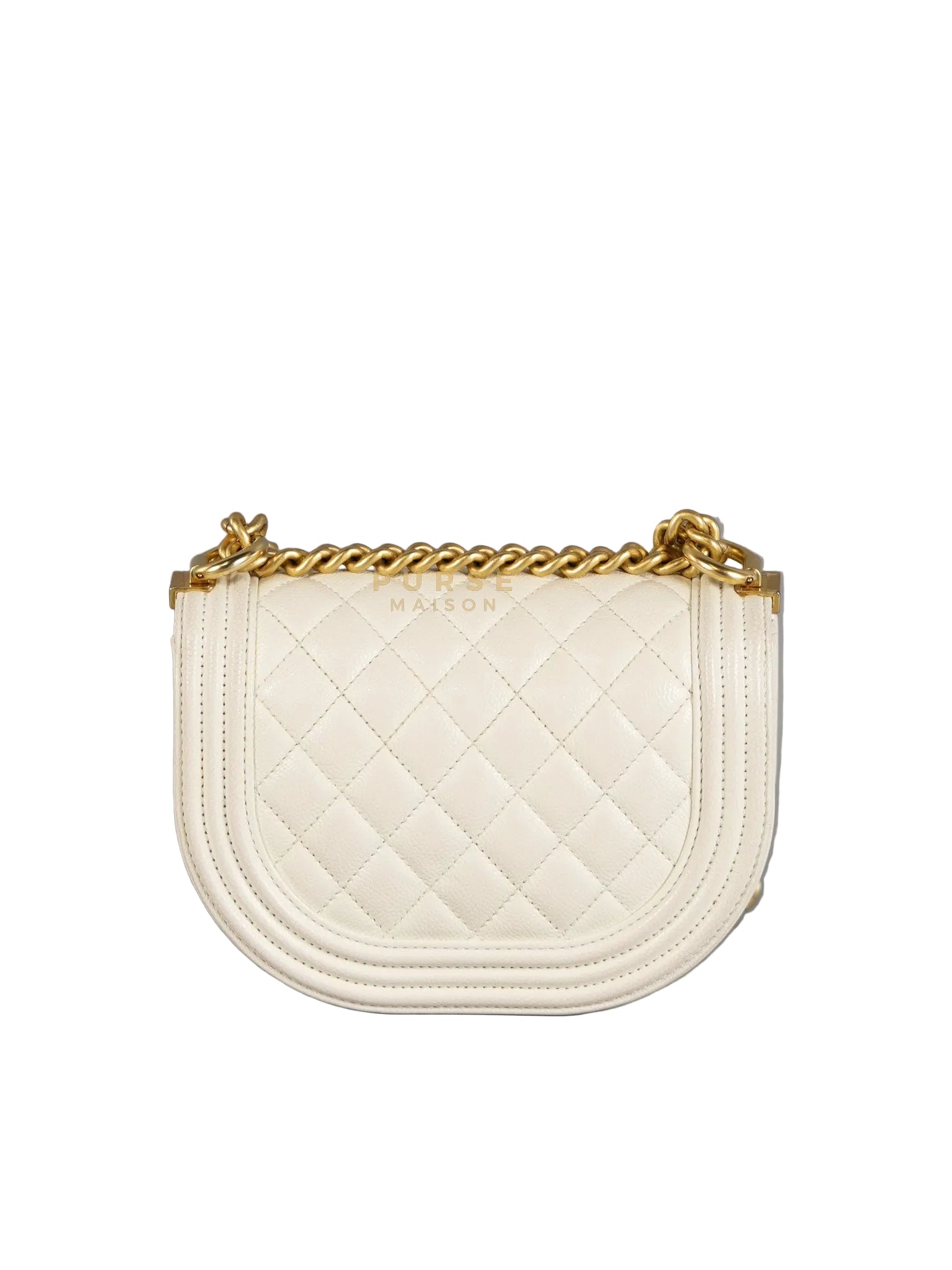 Boy Crescent White in Caviar Leather and Aged Gold Hardware (Microchip) | Purse Maison Luxury Bags Shop