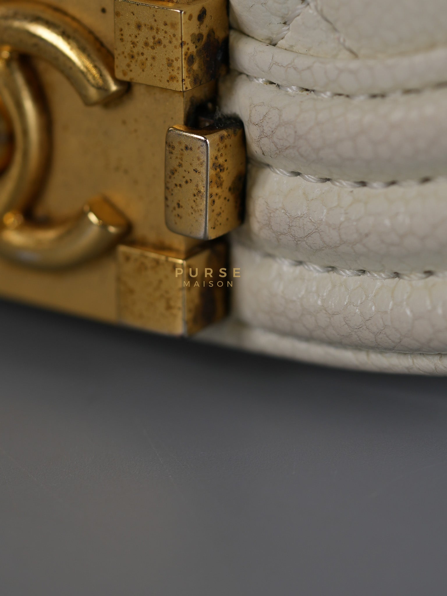 Boy Crescent White in Caviar Leather and Aged Gold Hardware (Microchip) | Purse Maison Luxury Bags Shop