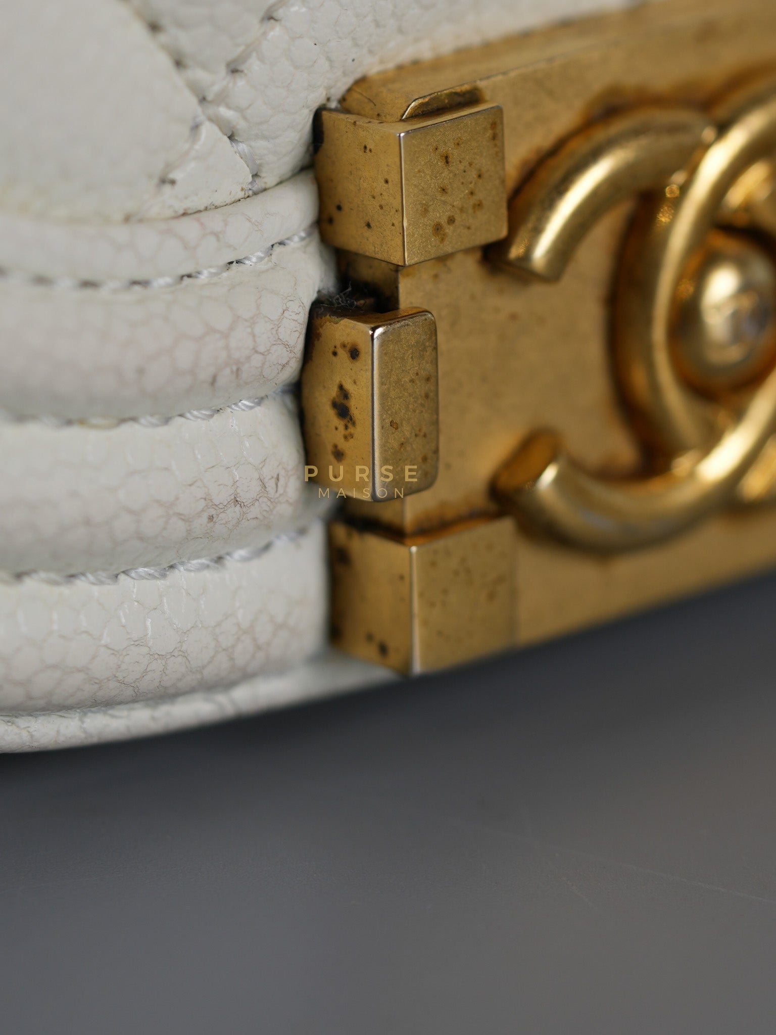 Boy Crescent White in Caviar Leather and Aged Gold Hardware (Microchip) | Purse Maison Luxury Bags Shop