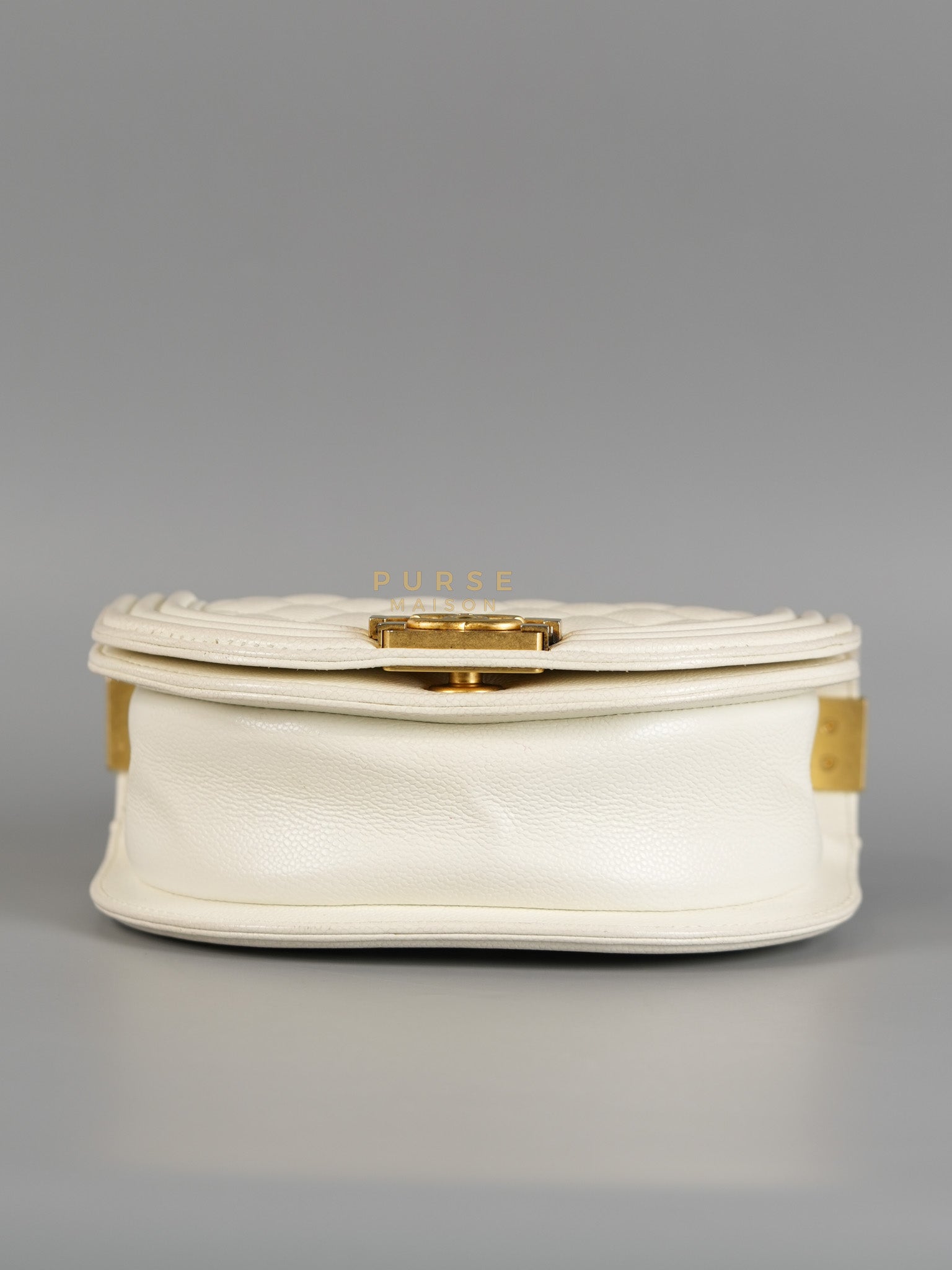 Boy Crescent White in Caviar Leather and Aged Gold Hardware (Microchip) | Purse Maison Luxury Bags Shop