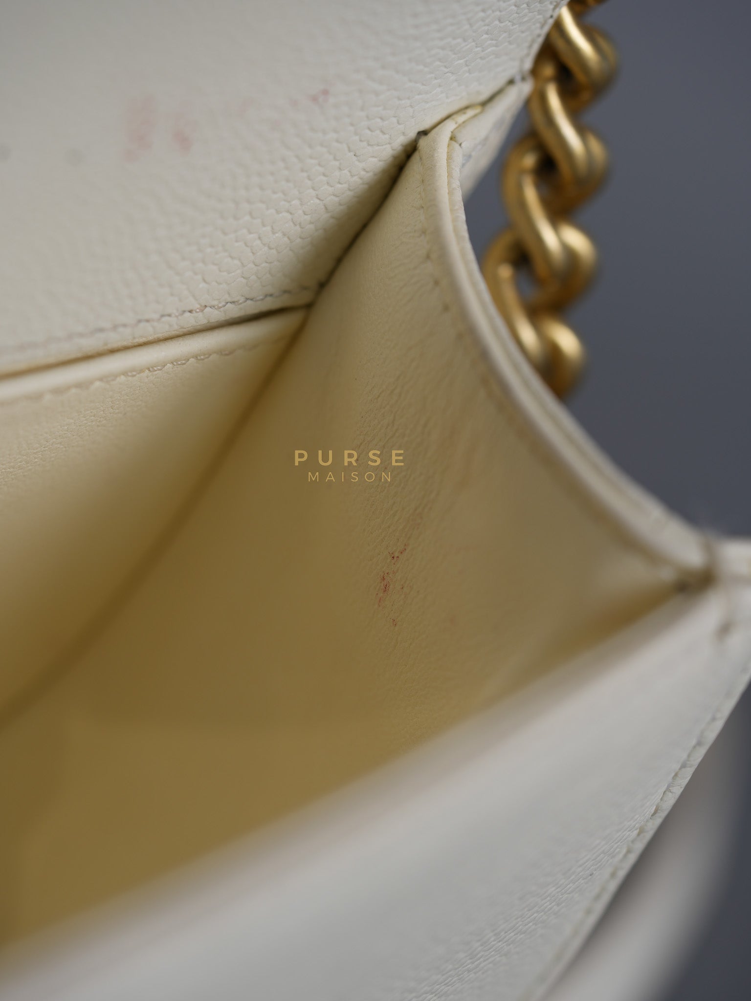 Boy Crescent White in Caviar Leather and Aged Gold Hardware (Microchip) | Purse Maison Luxury Bags Shop