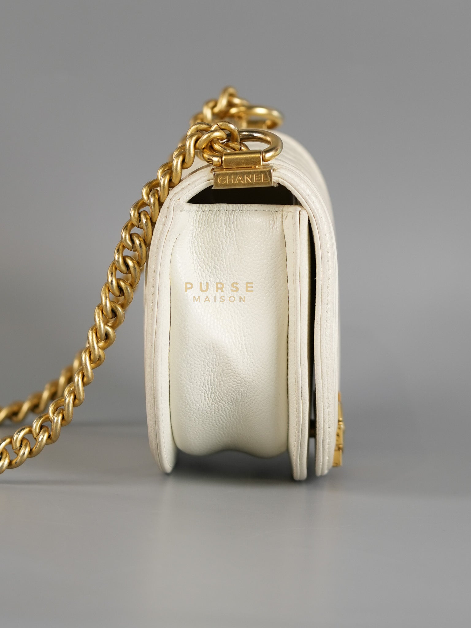 Boy Crescent White in Caviar Leather and Aged Gold Hardware (Microchip) | Purse Maison Luxury Bags Shop