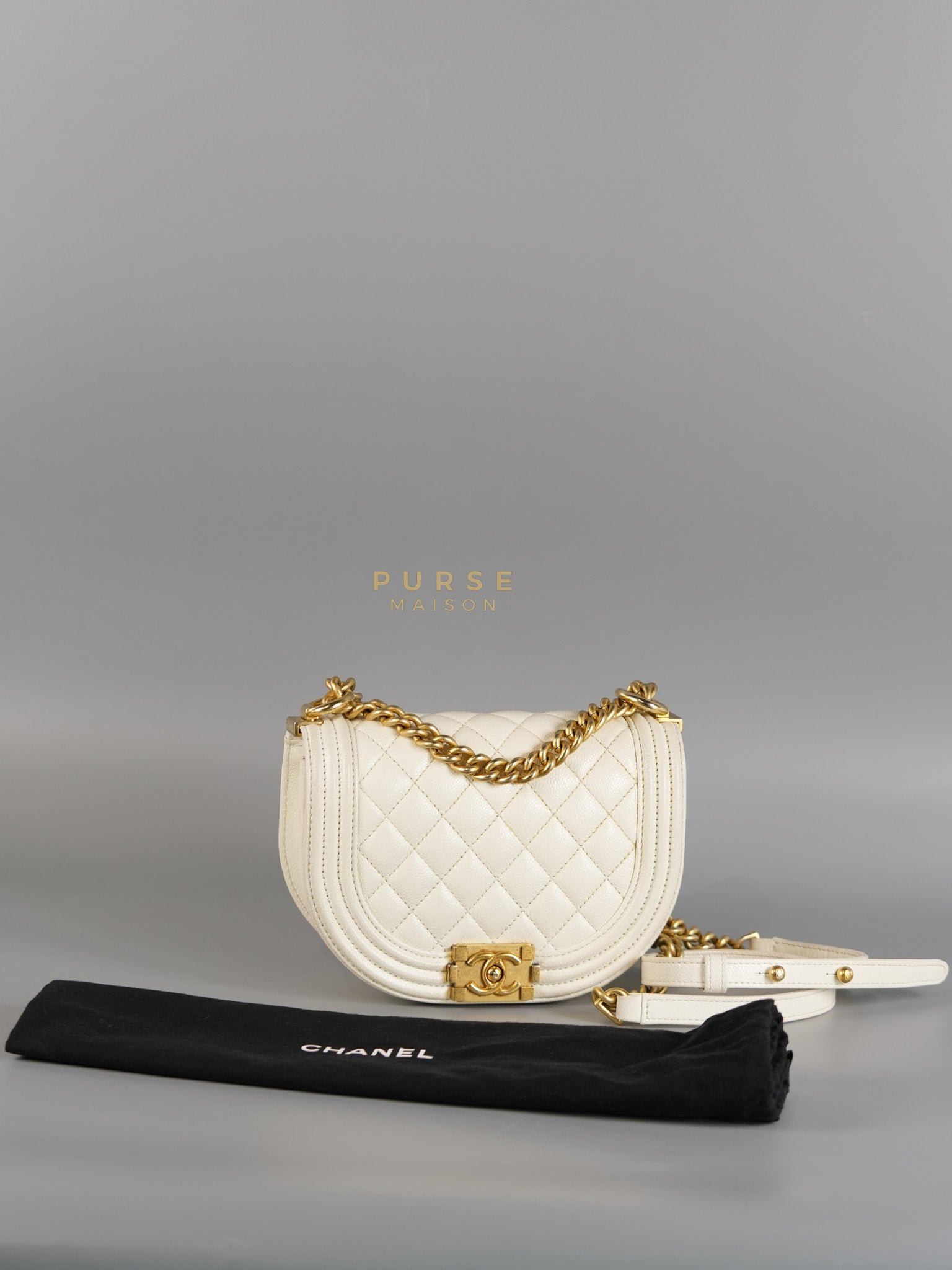 Boy Crescent White in Caviar Leather and Aged Gold Hardware (Microchip) | Purse Maison Luxury Bags Shop