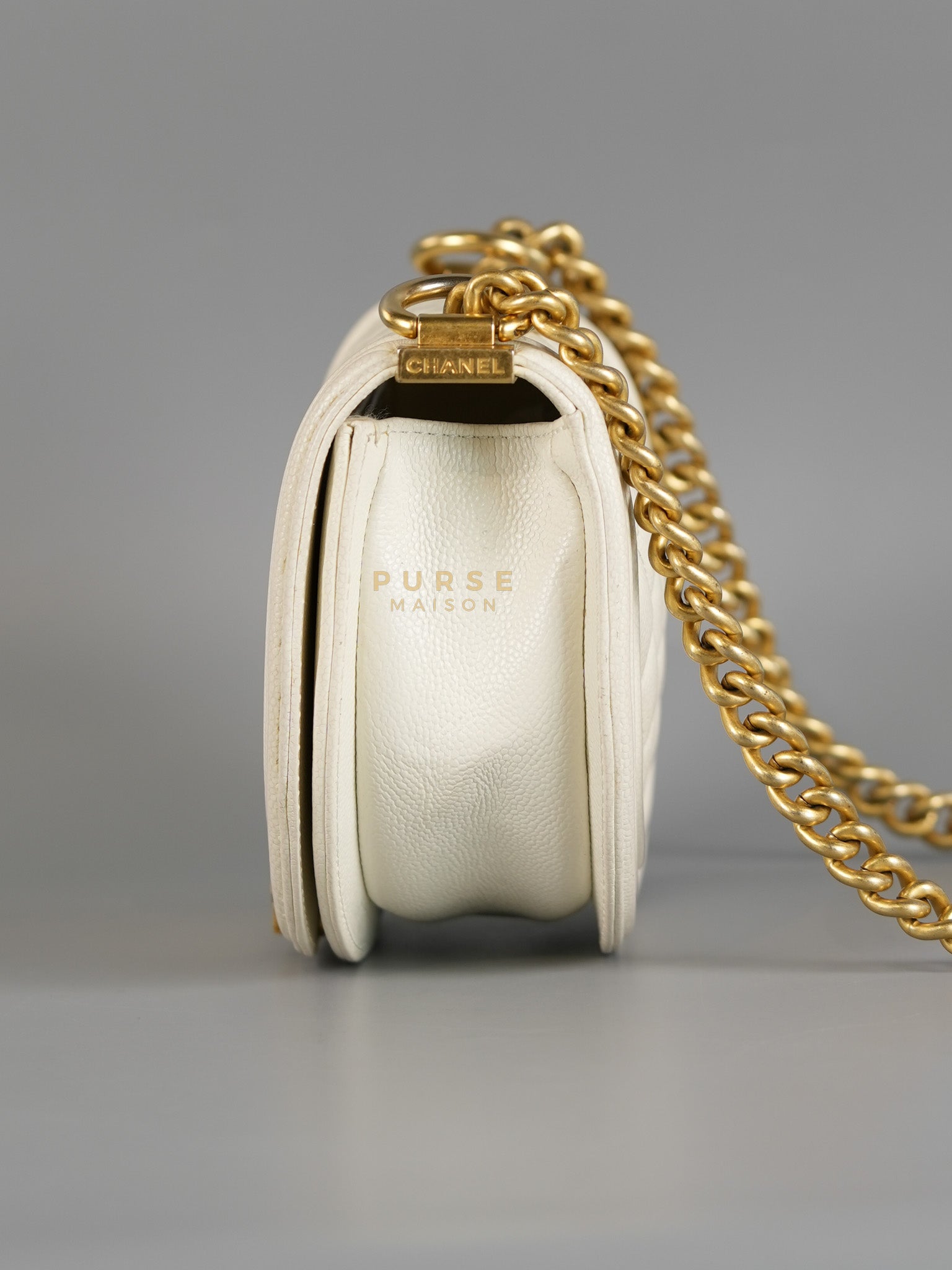 Boy Crescent White in Caviar Leather and Aged Gold Hardware (Microchip) | Purse Maison Luxury Bags Shop