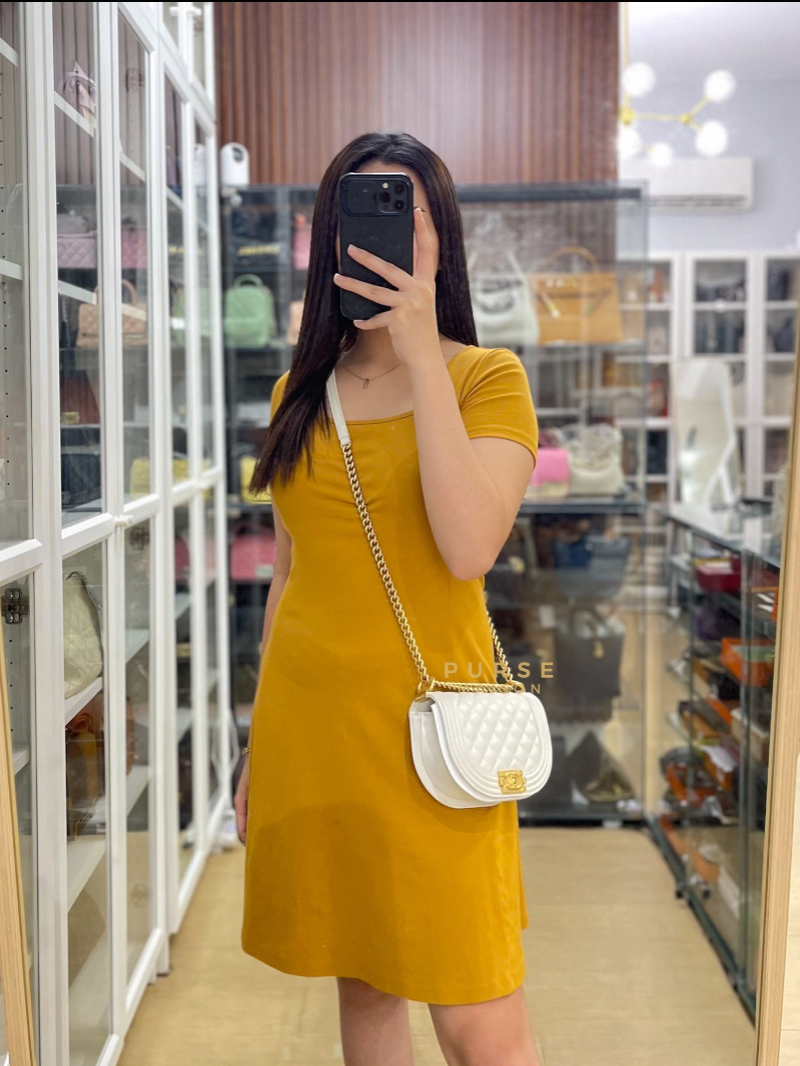 Boy Crescent White in Caviar Leather and Aged Gold Hardware (Microchip) | Purse Maison Luxury Bags Shop