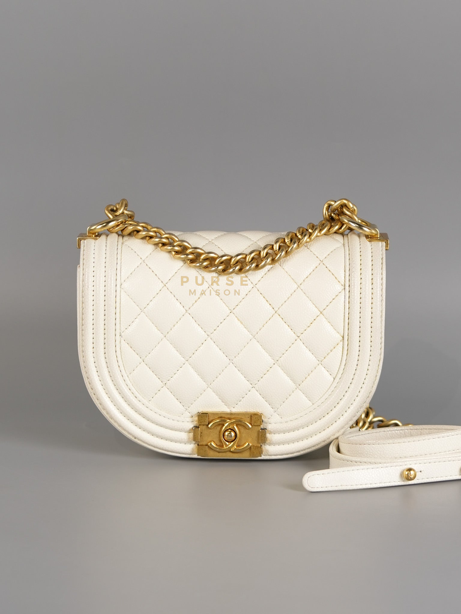 Boy Crescent White in Caviar Leather and Aged Gold Hardware (Microchip) | Purse Maison Luxury Bags Shop