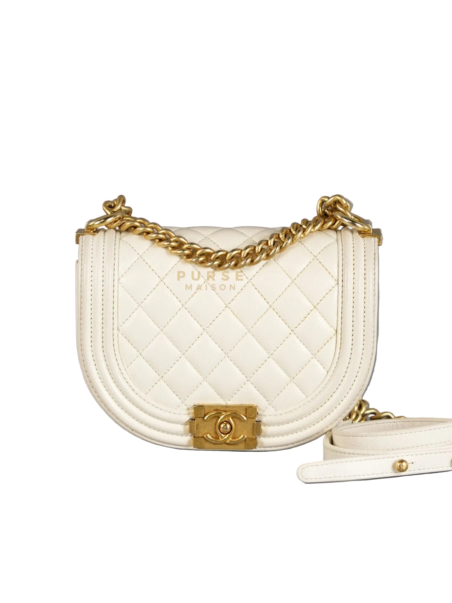Boy Crescent White in Caviar Leather and Aged Gold Hardware (Microchip) | Purse Maison Luxury Bags Shop