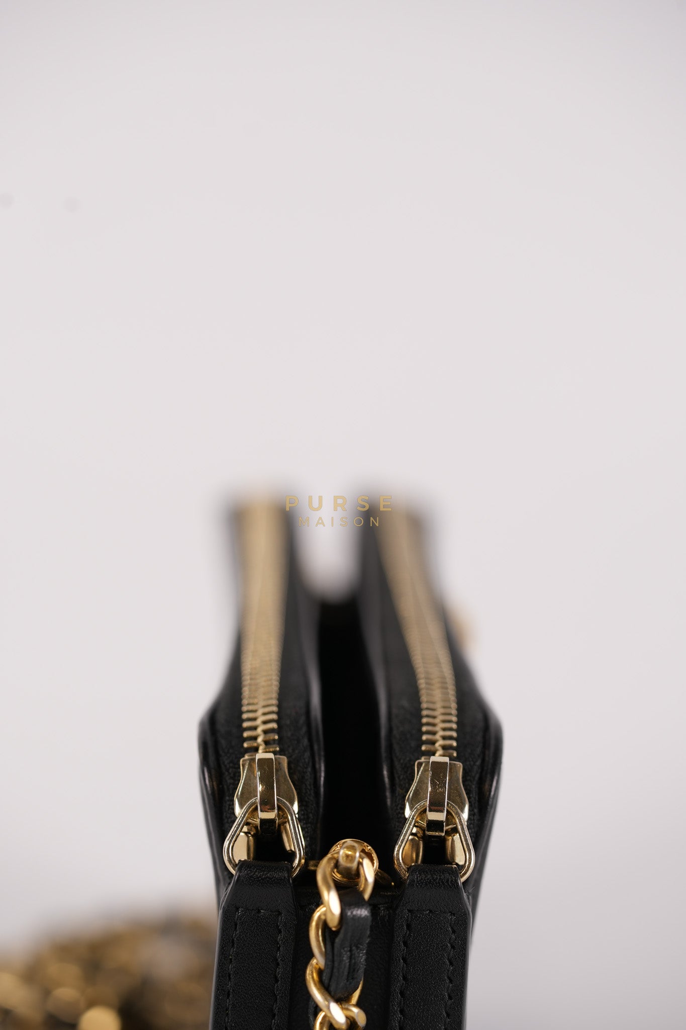 Boy Double Zip Wallet On Chain in Black Quilted Lambskin Leather & Aged Gold Hardware Series 24 | Purse Maison Luxury Bags Shop