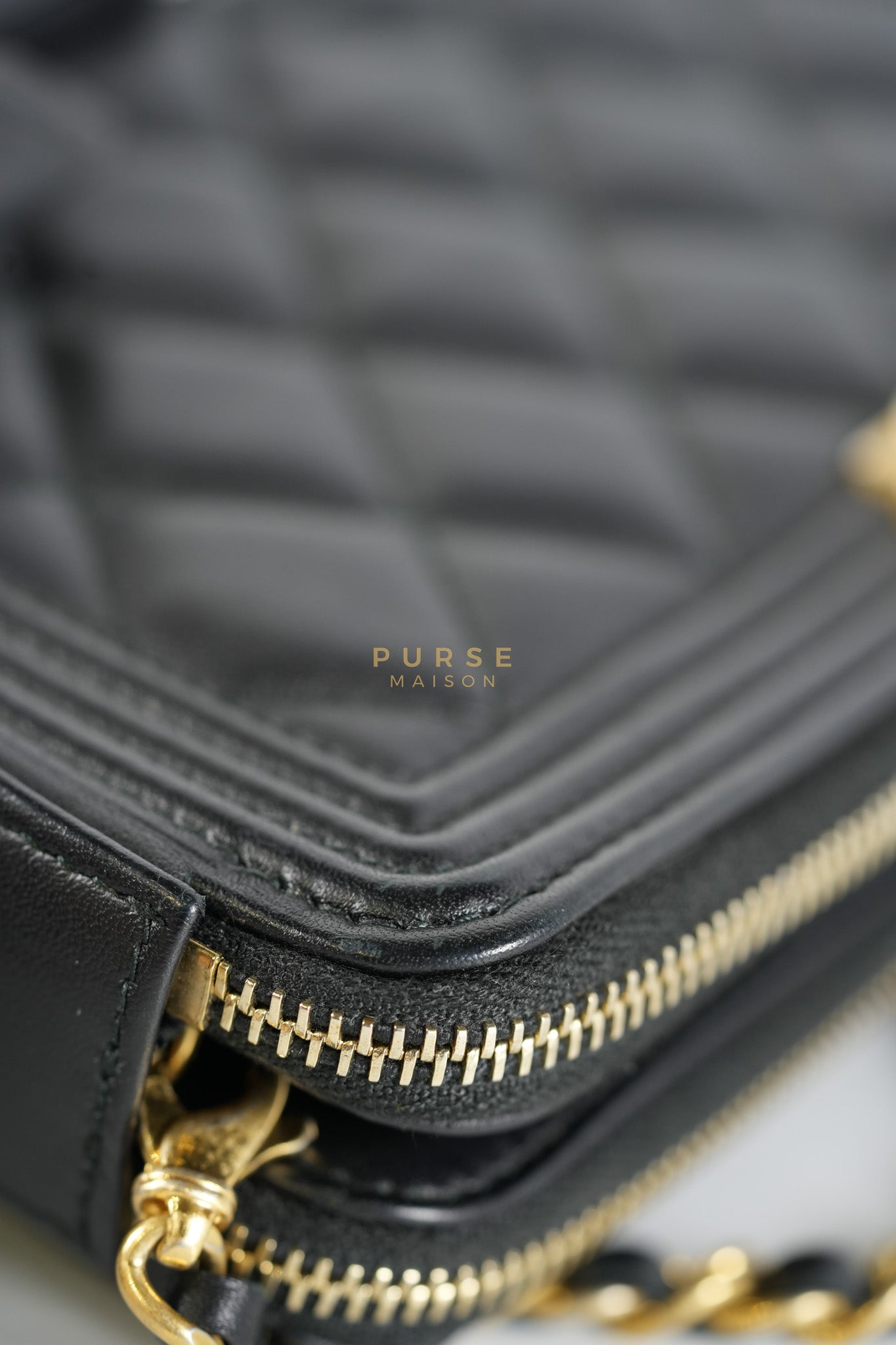 Boy Double Zip Wallet On Chain in Black Quilted Lambskin Leather & Aged Gold Hardware Series 24 | Purse Maison Luxury Bags Shop