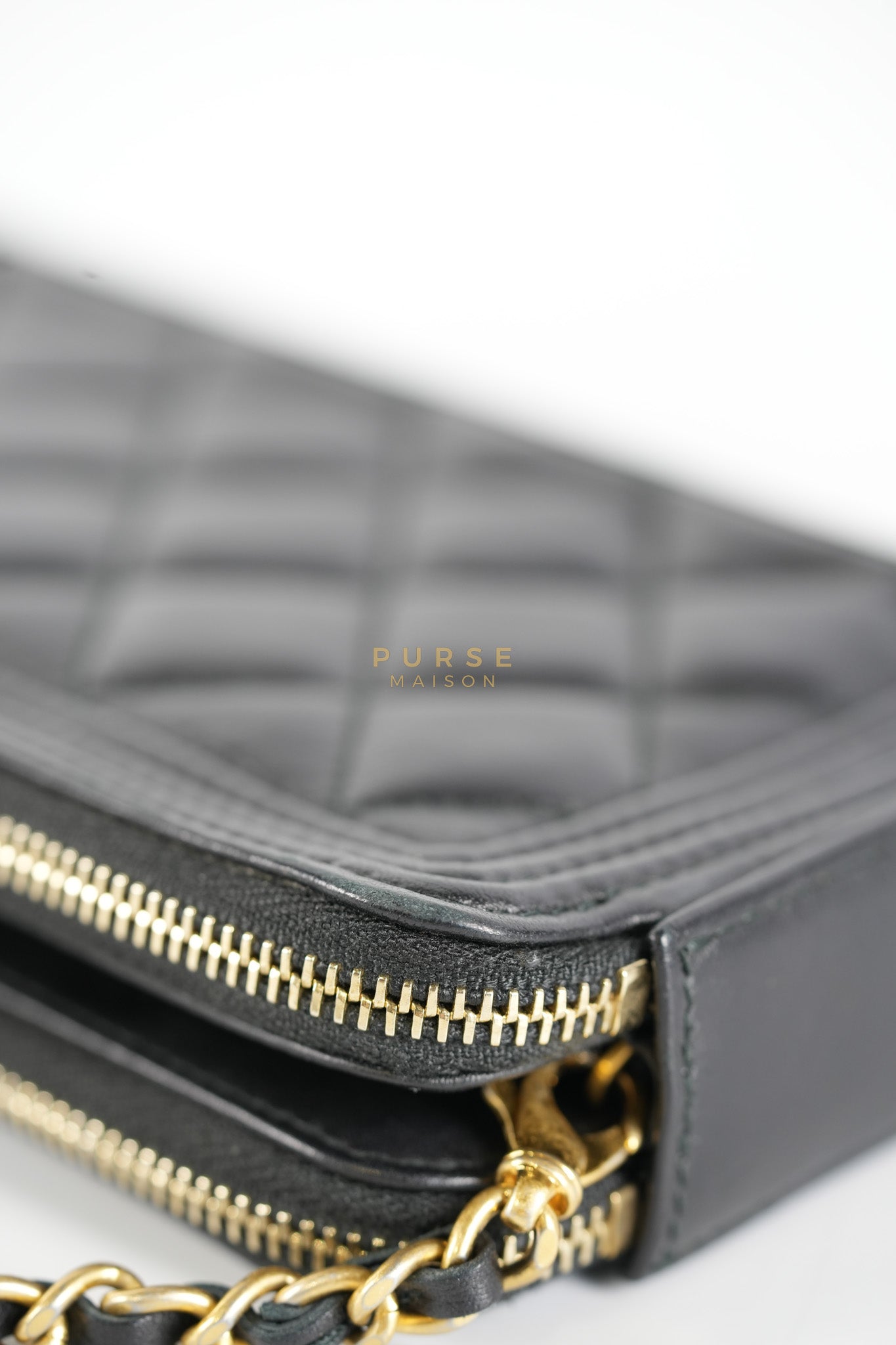 Boy Double Zip Wallet On Chain in Black Quilted Lambskin Leather & Aged Gold Hardware Series 24 | Purse Maison Luxury Bags Shop