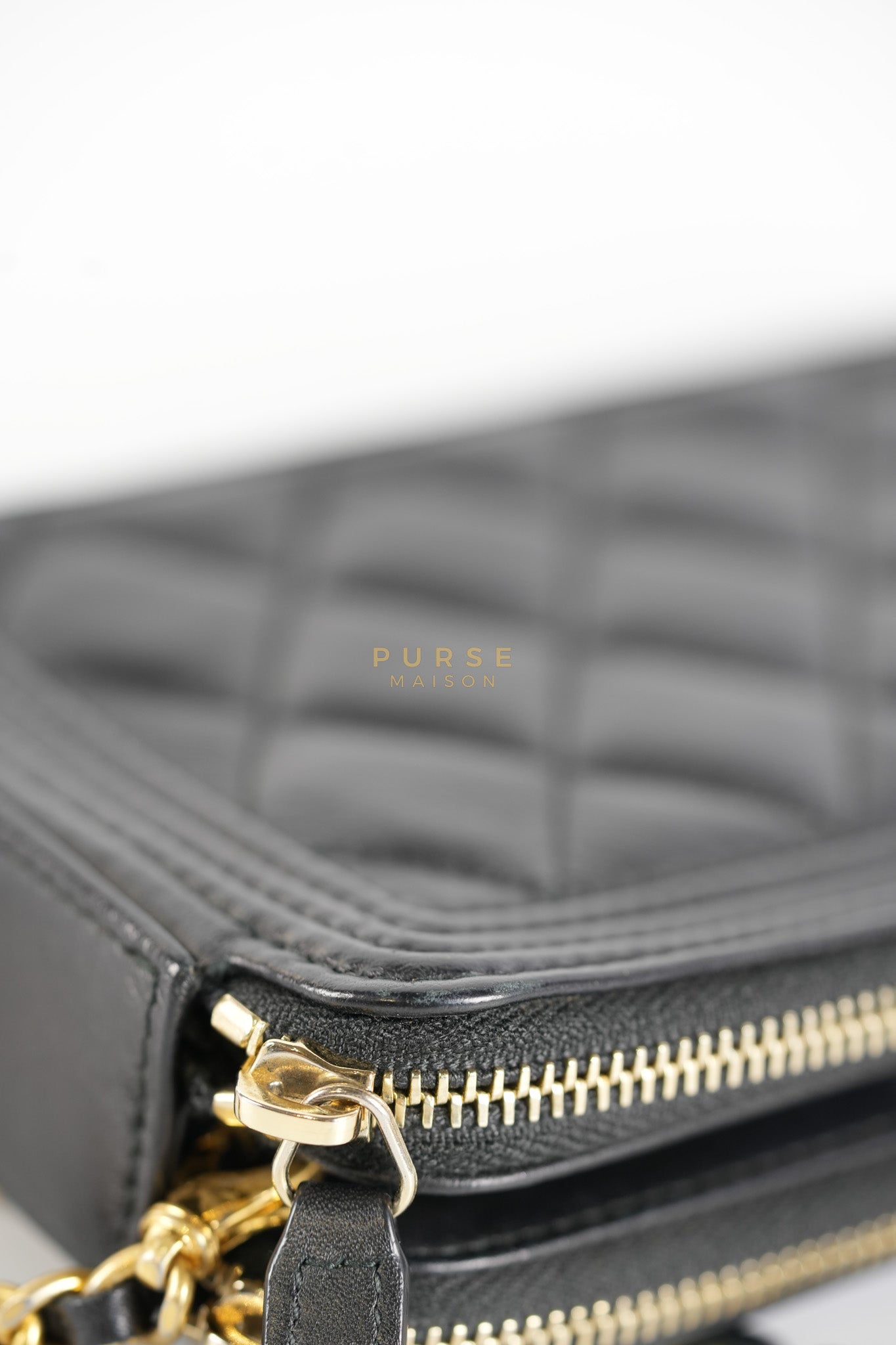 Boy Double Zip Wallet On Chain in Black Quilted Lambskin Leather & Aged Gold Hardware Series 24 | Purse Maison Luxury Bags Shop