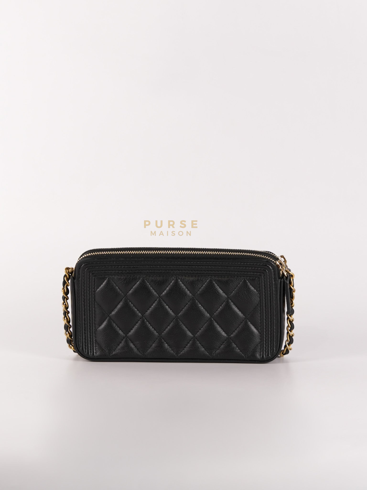 Boy Double Zip Wallet On Chain in Black Quilted Lambskin Leather & Aged Gold Hardware Series 24 | Purse Maison Luxury Bags Shop