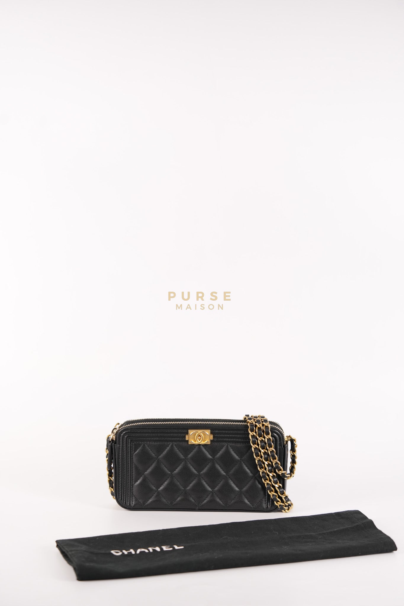 Boy Double Zip Wallet On Chain in Black Quilted Lambskin Leather & Aged Gold Hardware Series 24 | Purse Maison Luxury Bags Shop