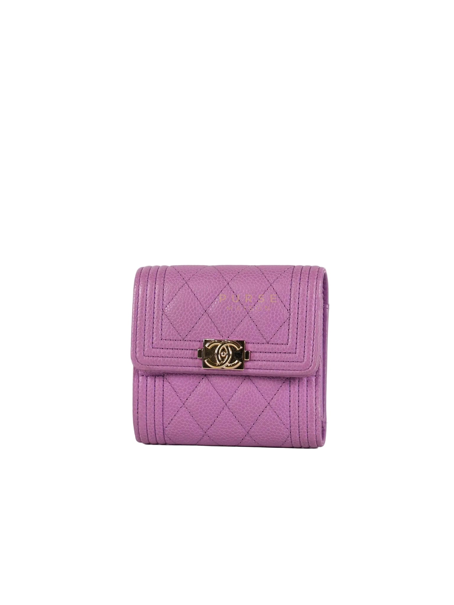 Boy Flap Compact Wallet in Purple Caviar Leather and Light Gold Hardware Series 29 | Purse Maison Luxury Bags Shop