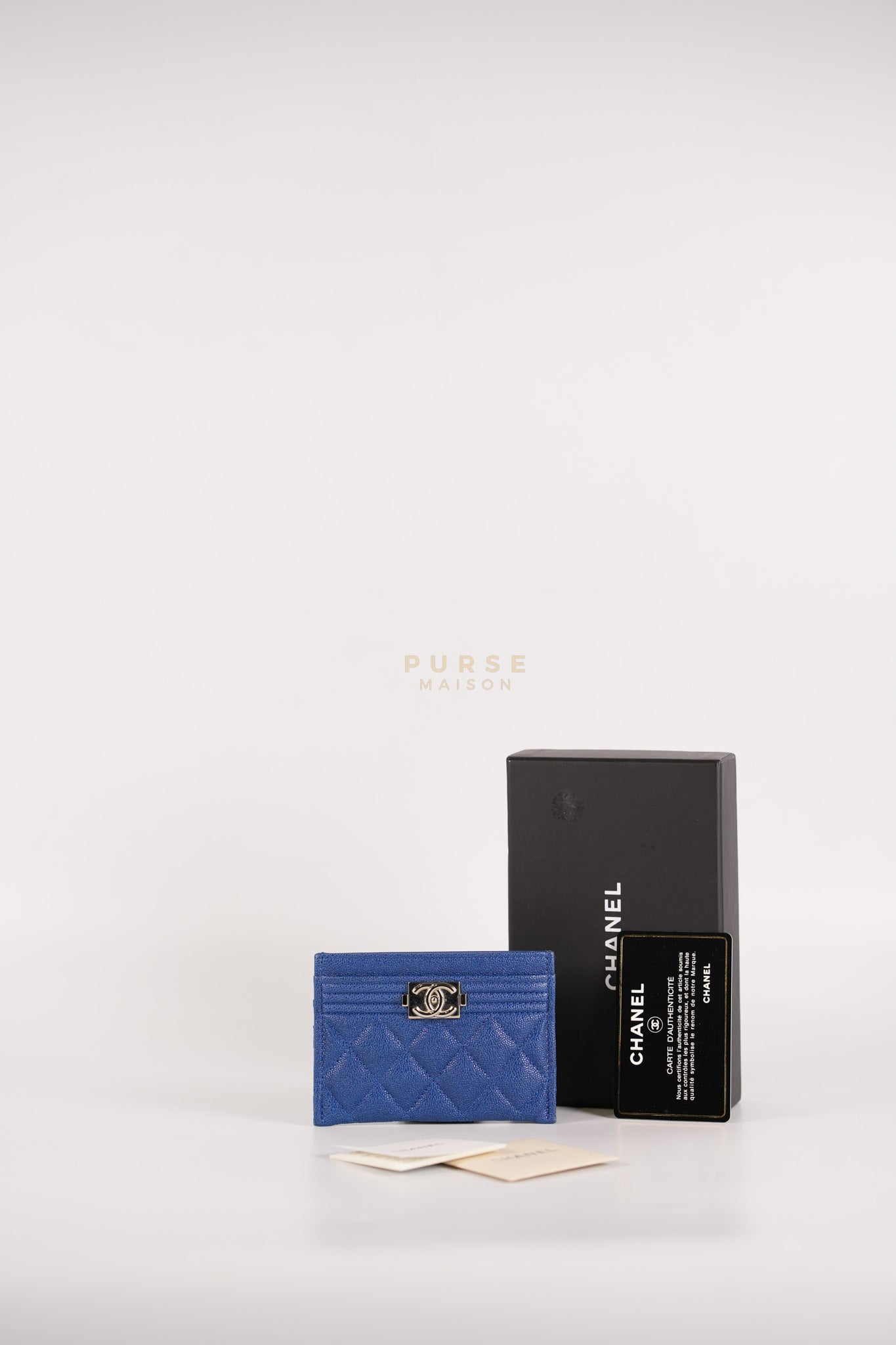 Boy Flat Card Holder in Blue Caviar Leather and Silver Hardware Series 29 | Purse Maison Luxury Bags Shop