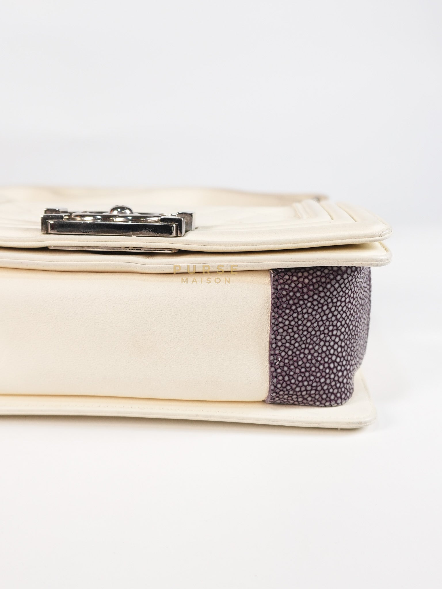 Boy Galuchat Mini Flap Bag in White Quilted Lambskin Leather & Silver Hardware Series 16 | Purse Maison Luxury Bags Shop