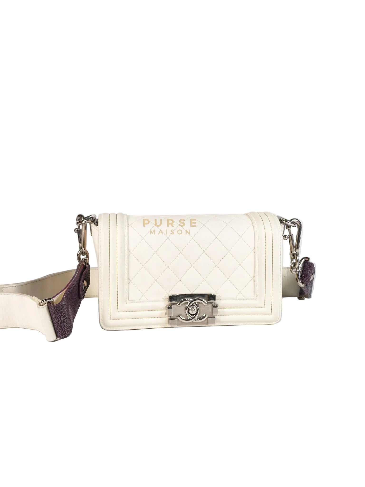 Boy Galuchat Mini Flap Bag in White Quilted Lambskin Leather & Silver Hardware Series 16 | Purse Maison Luxury Bags Shop