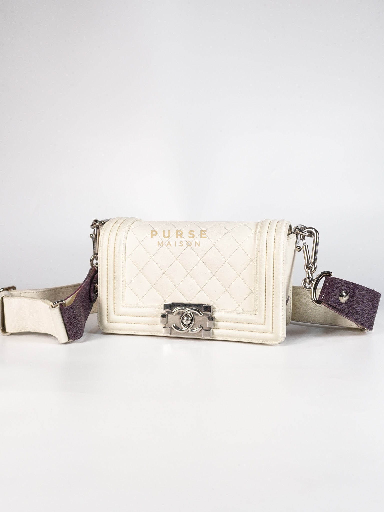 Boy Galuchat Mini Flap Bag in White Quilted Lambskin Leather & Silver Hardware Series 16 | Purse Maison Luxury Bags Shop