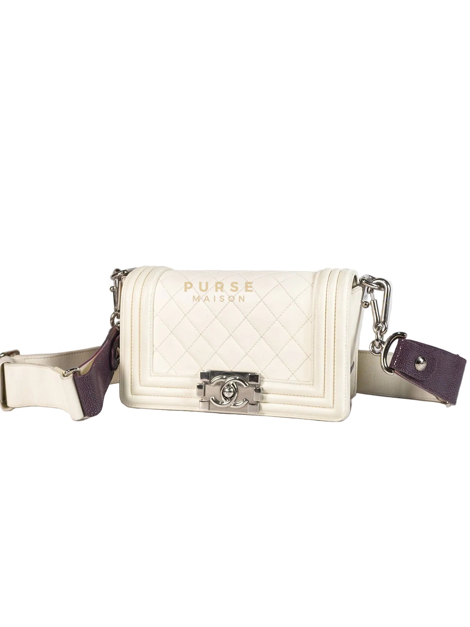 Boy Galuchat Mini Flap Bag in White Quilted Lambskin Leather & Silver Hardware Series 16 | Purse Maison Luxury Bags Shop