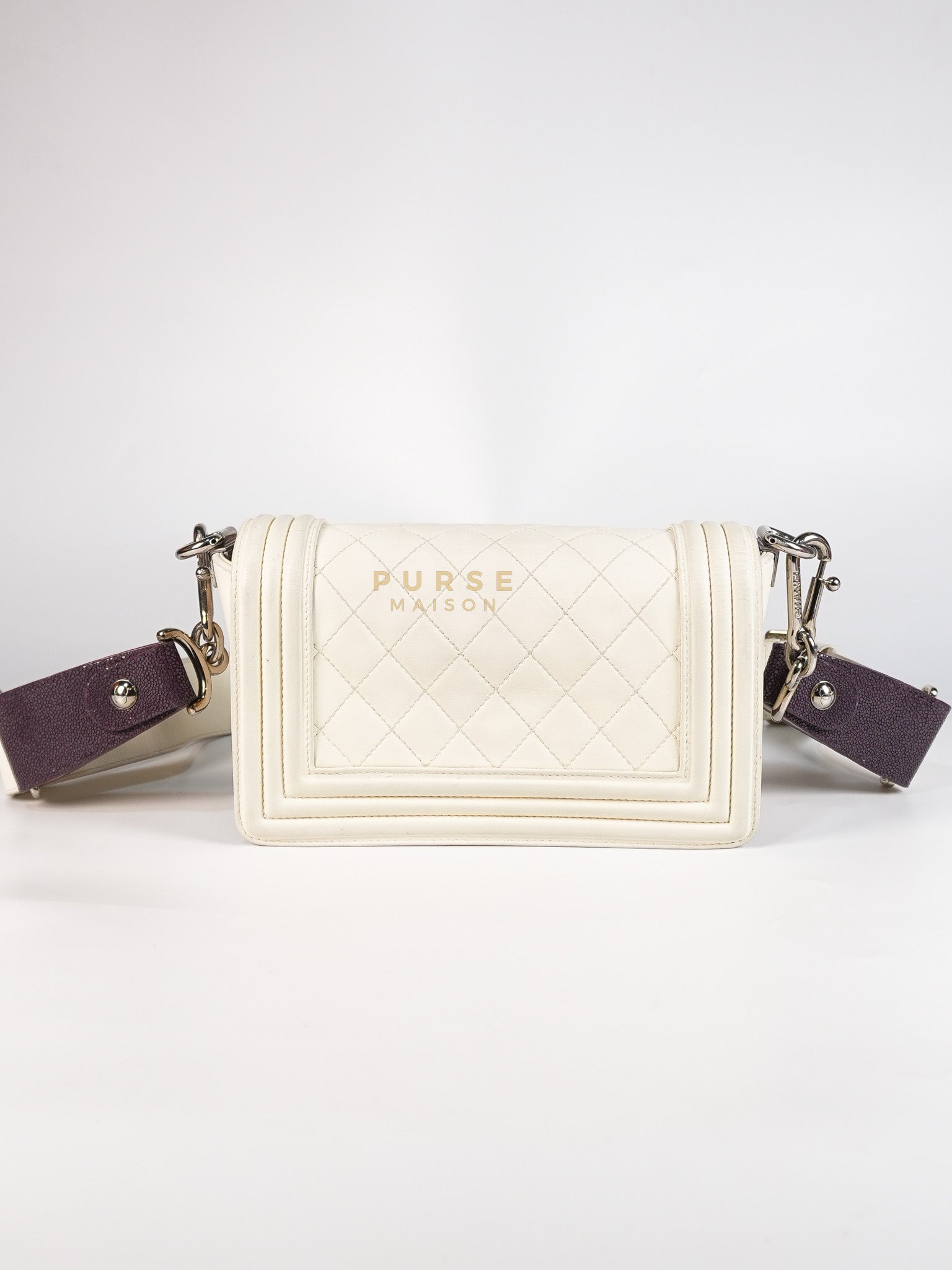 Boy Galuchat Mini Flap Bag in White Quilted Lambskin Leather & Silver Hardware Series 16 | Purse Maison Luxury Bags Shop