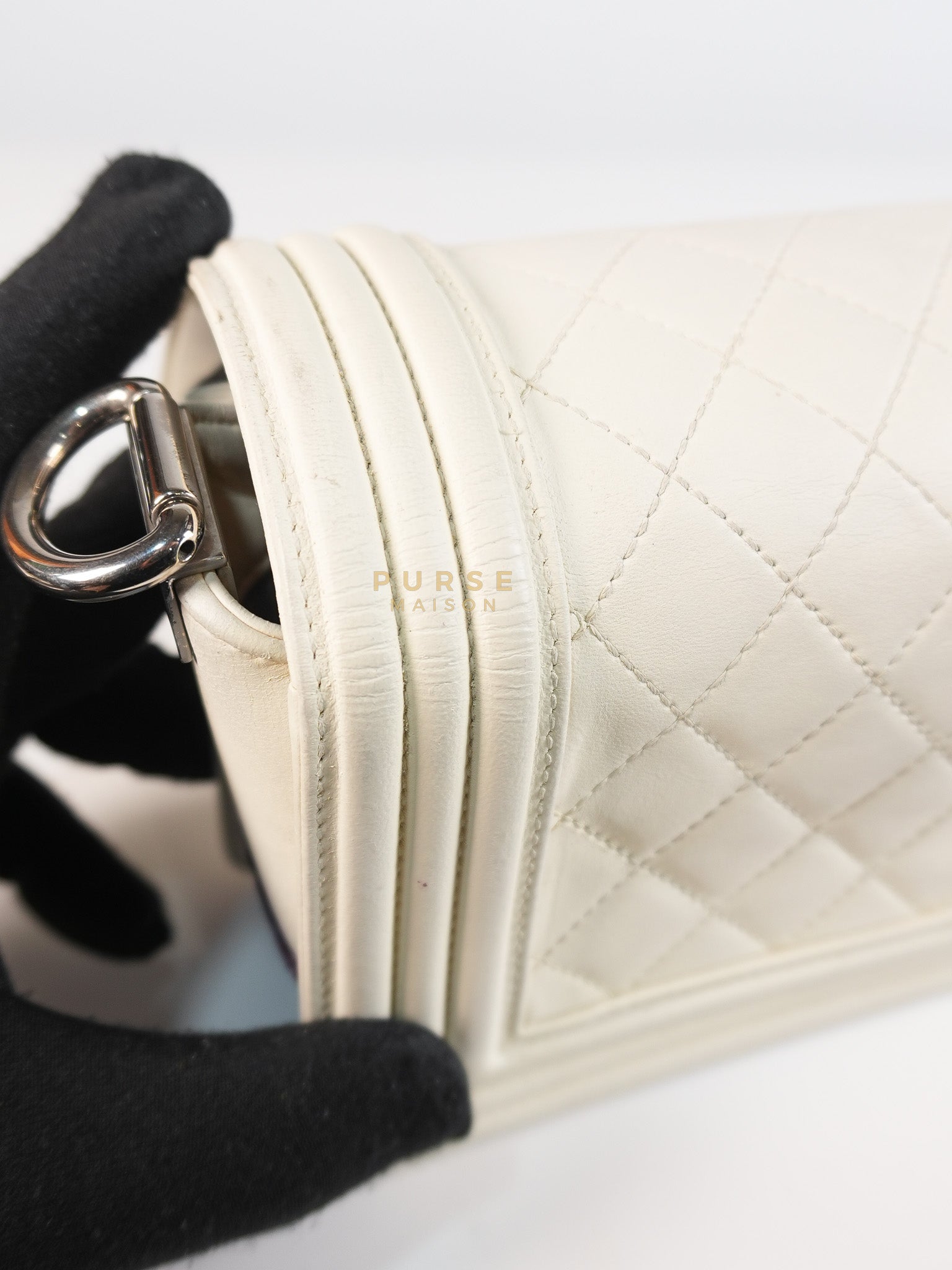 Boy Galuchat Mini Flap Bag in White Quilted Lambskin Leather & Silver Hardware Series 16 | Purse Maison Luxury Bags Shop