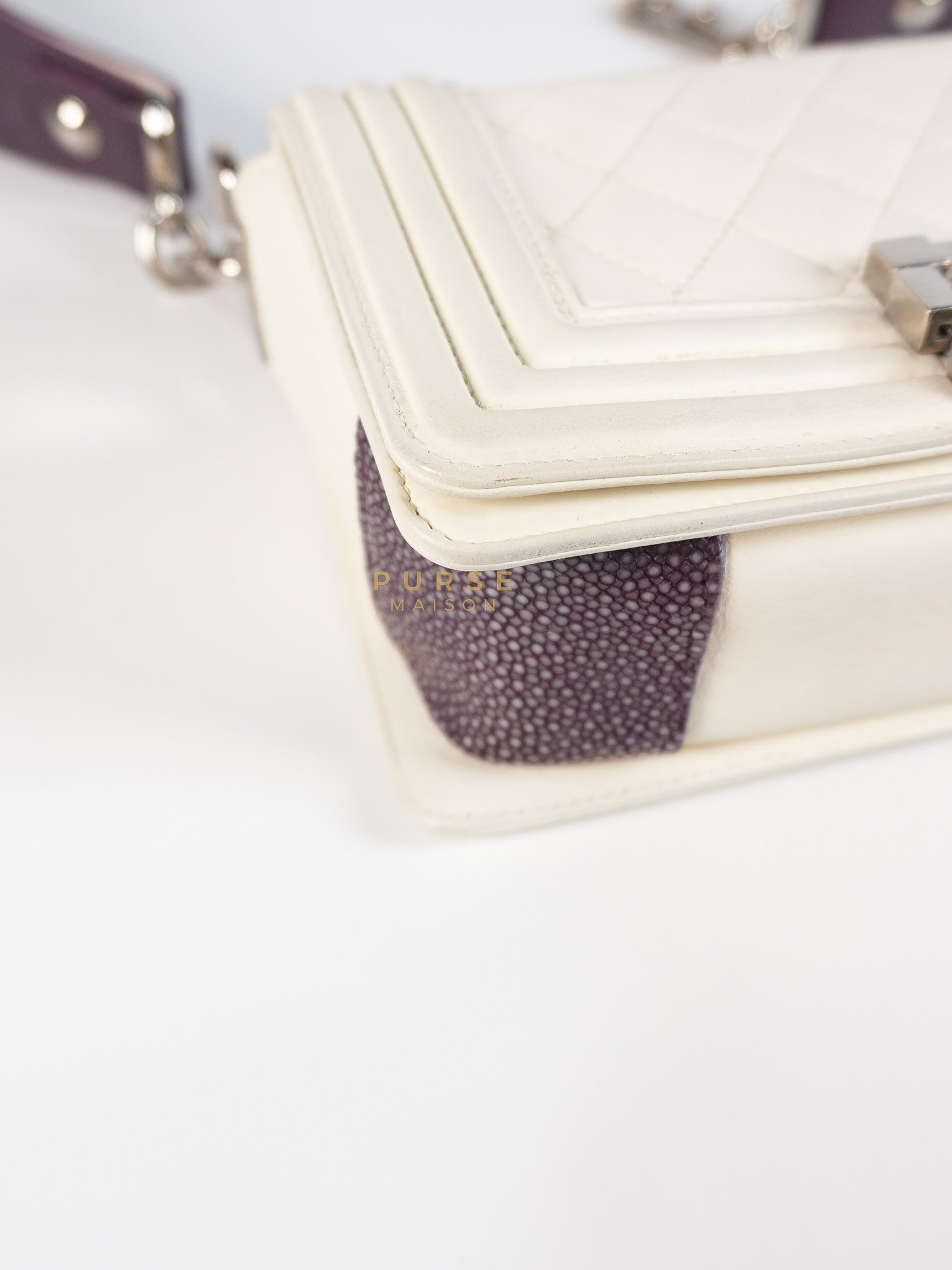 Boy Galuchat Mini Flap Bag in White Quilted Lambskin Leather & Silver Hardware Series 16 | Purse Maison Luxury Bags Shop