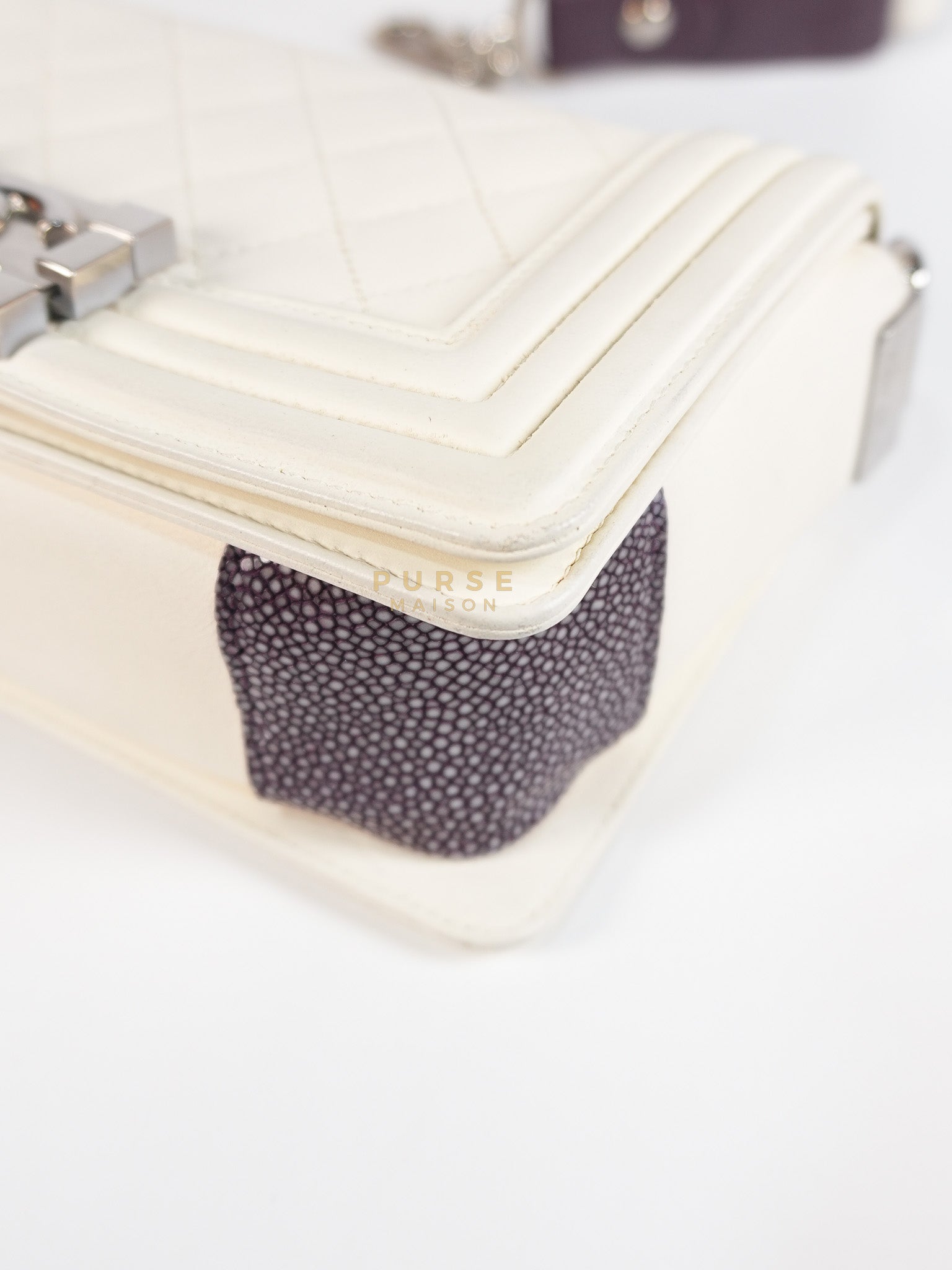 Boy Galuchat Mini Flap Bag in White Quilted Lambskin Leather & Silver Hardware Series 16 | Purse Maison Luxury Bags Shop