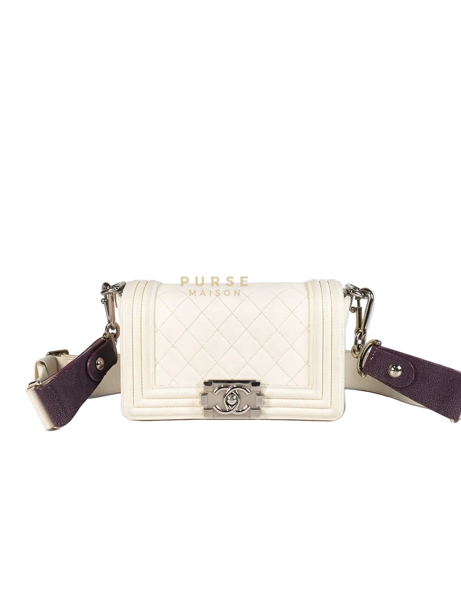 Boy Galuchat Mini Flap Bag in White Quilted Lambskin Leather & Silver Hardware Series 16 | Purse Maison Luxury Bags Shop
