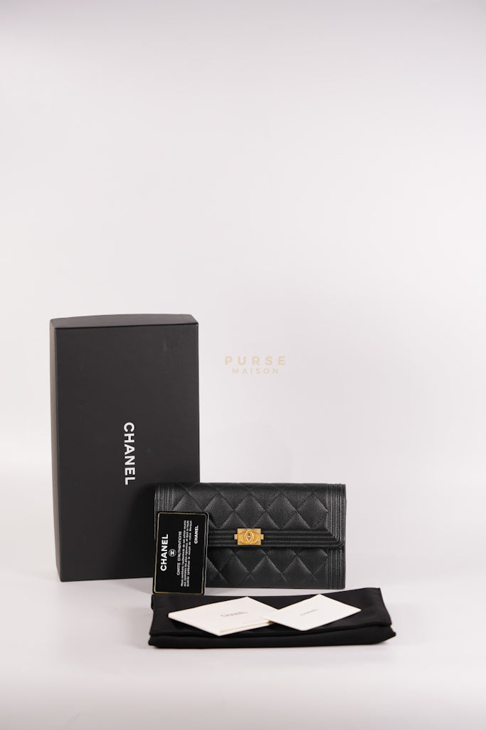 Boy Long Wallet Black in Caviar Leather and Aged Gold Hardware Series 25 | Purse Maison Luxury Bags Shop
