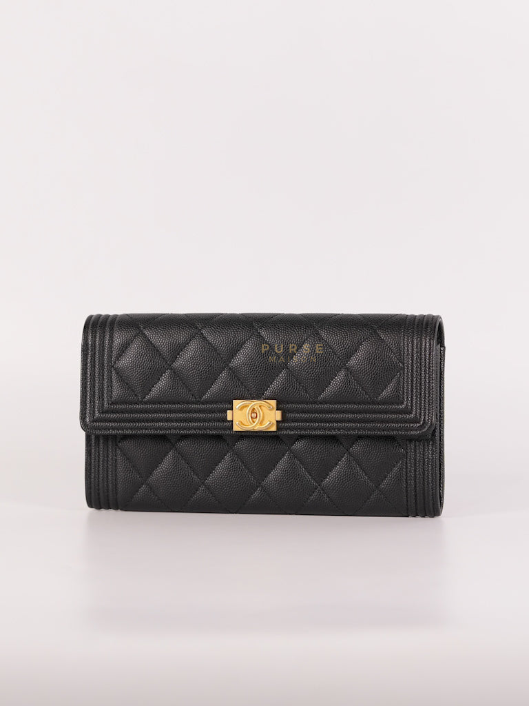 Boy Long Wallet Black in Caviar Leather and Aged Gold Hardware Series 25 | Purse Maison Luxury Bags Shop