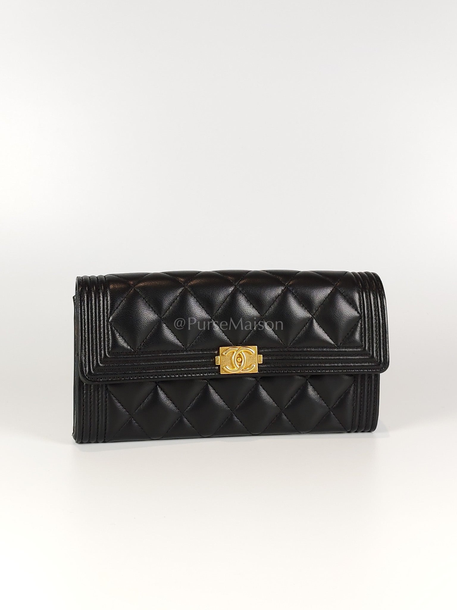 Boy Long Wallet in Black Quilted Lambskin Leather and Aged Gold Hardware Series 27 | Purse Maison Luxury Bags Shop