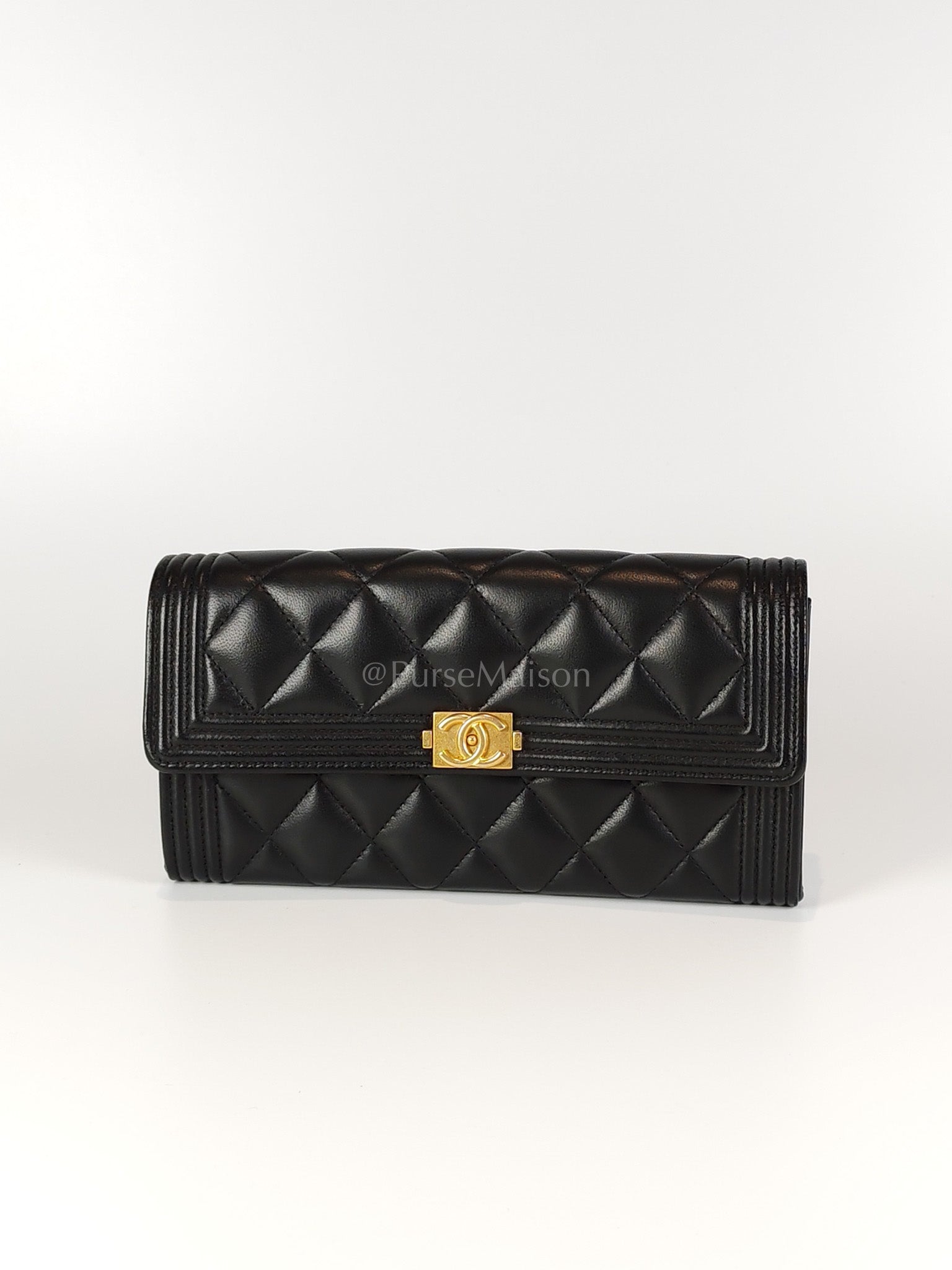 Boy Long Wallet in Black Quilted Lambskin Leather and Aged Gold Hardware Series 27 | Purse Maison Luxury Bags Shop