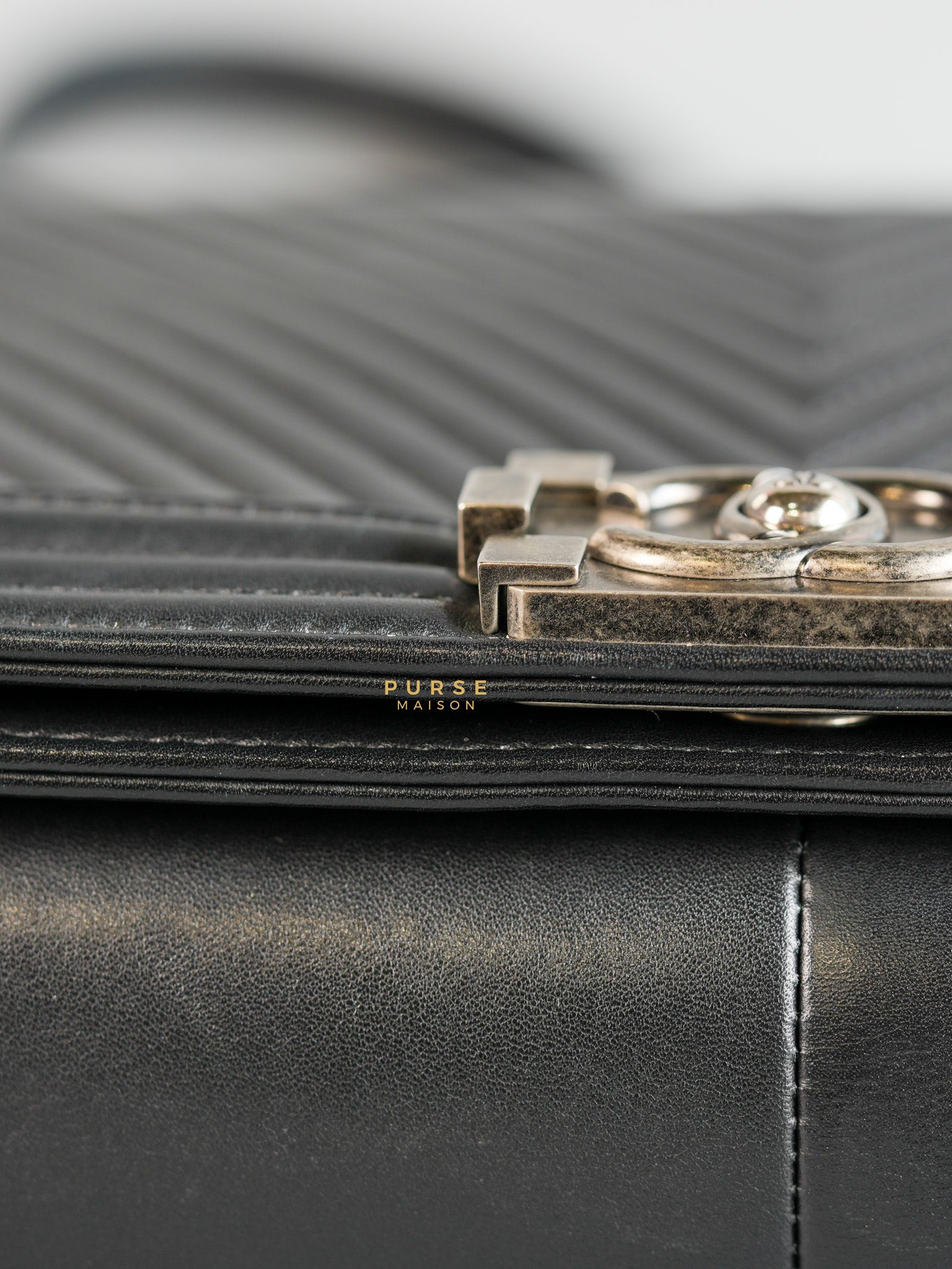 Boy New Medium Chevron Leather Boy Shoulder in Gun Metal Tone Hardware Series 20 | Purse Maison Luxury Bags Shop