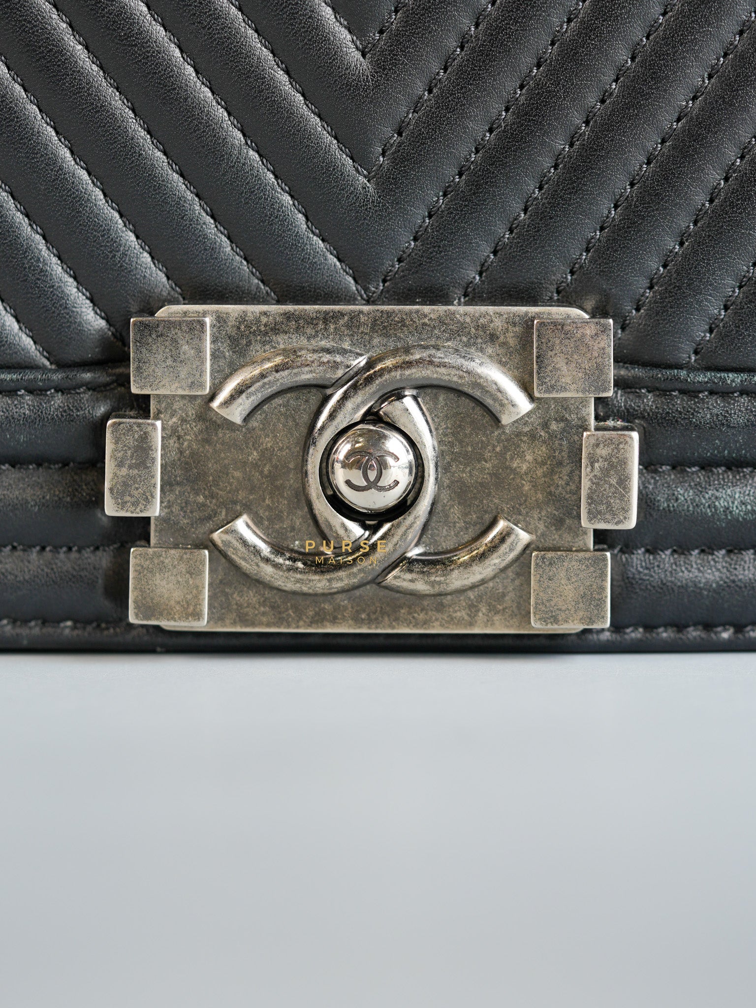 Boy New Medium Chevron Leather Boy Shoulder in Gun Metal Tone Hardware Series 20 | Purse Maison Luxury Bags Shop