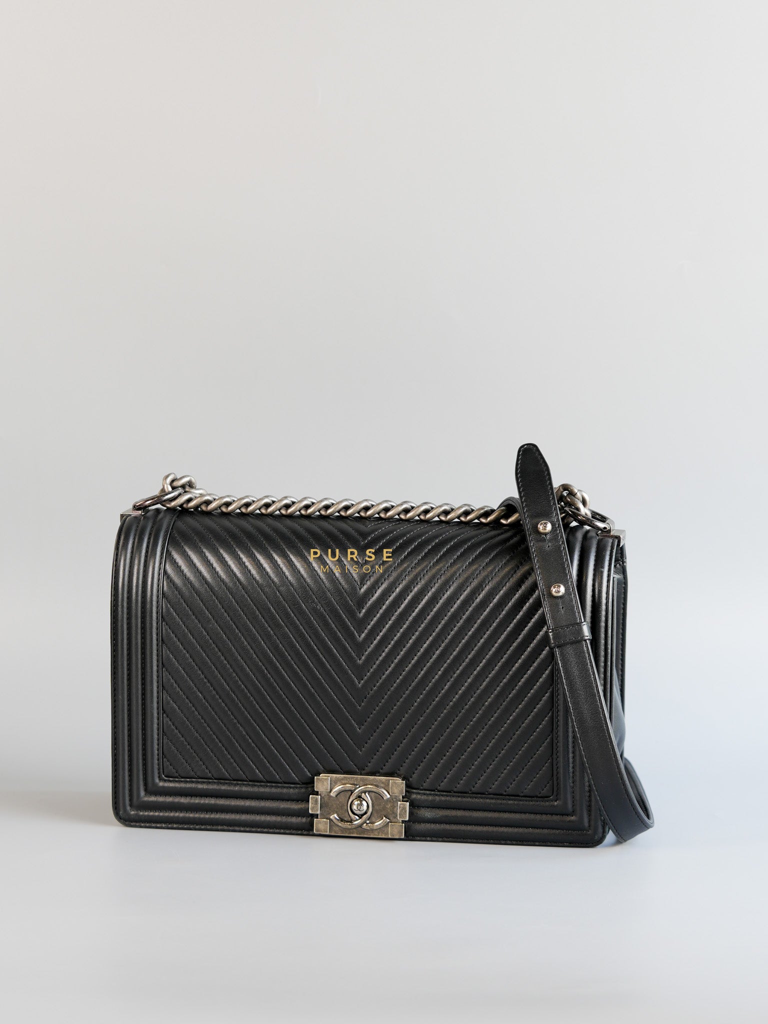 Boy New Medium Chevron Leather Boy Shoulder in Gun Metal Tone Hardware Series 20 | Purse Maison Luxury Bags Shop