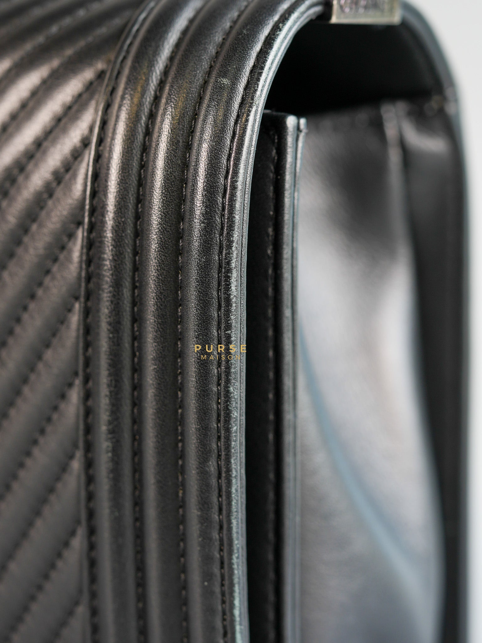 Boy New Medium Chevron Leather Boy Shoulder in Gun Metal Tone Hardware Series 20 | Purse Maison Luxury Bags Shop