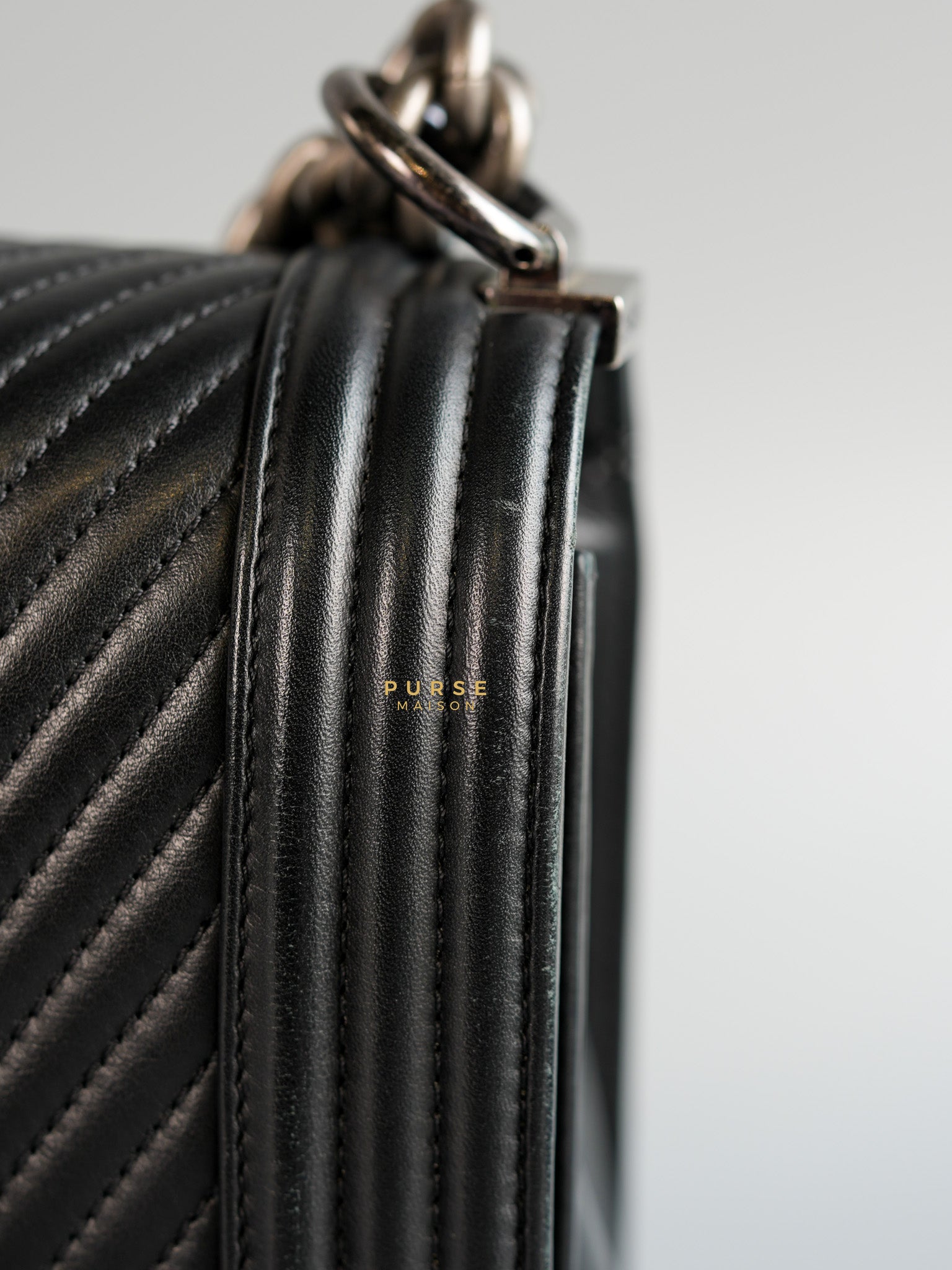Boy New Medium Chevron Leather Boy Shoulder in Gun Metal Tone Hardware Series 20 | Purse Maison Luxury Bags Shop