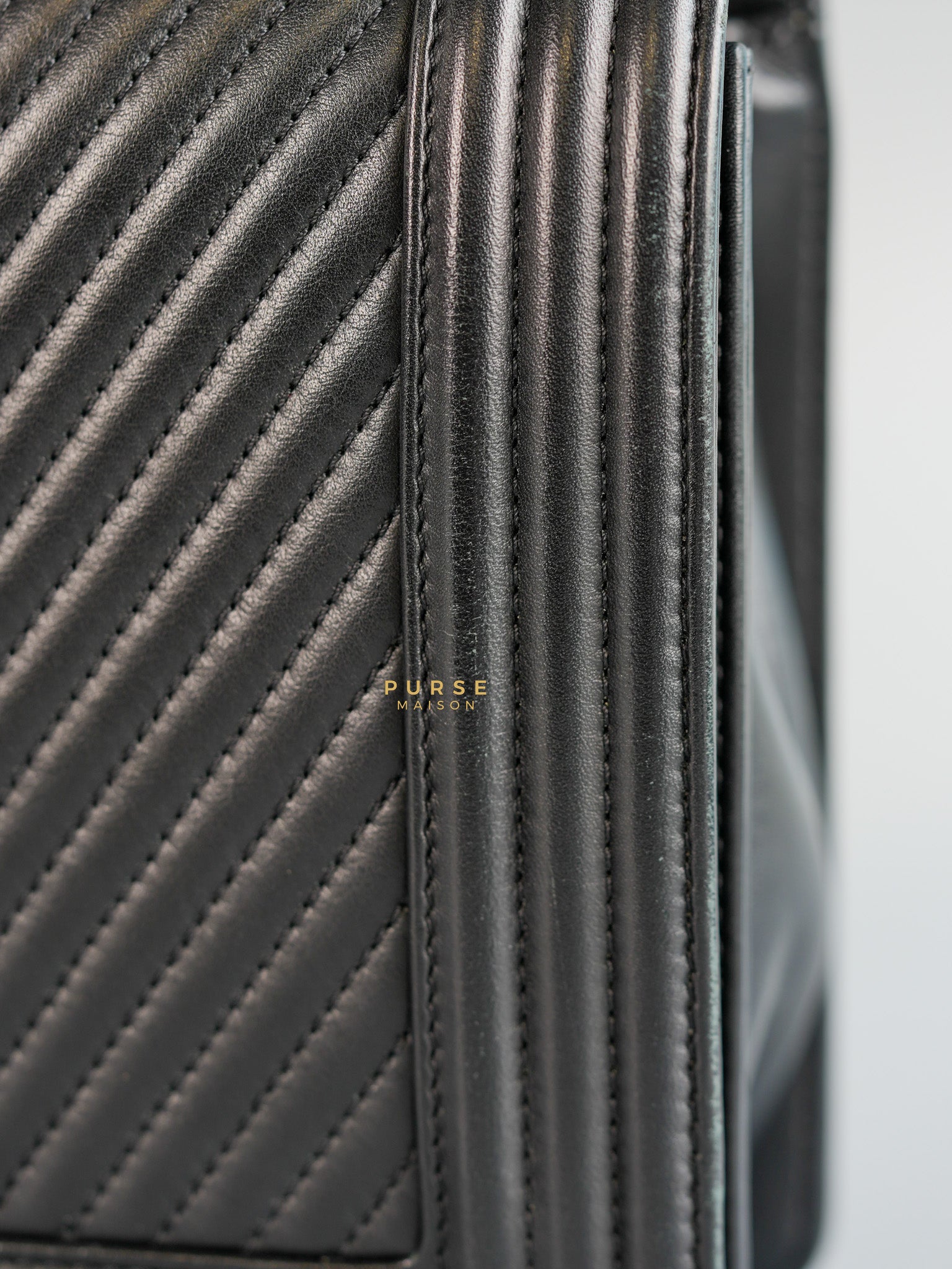 Boy New Medium Chevron Leather Boy Shoulder in Gun Metal Tone Hardware Series 20 | Purse Maison Luxury Bags Shop