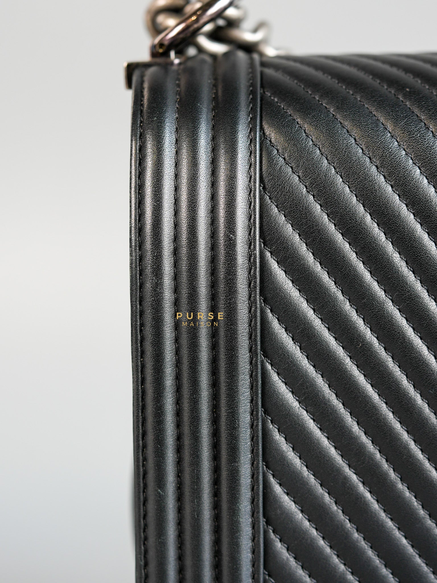 Boy New Medium Chevron Leather Boy Shoulder in Gun Metal Tone Hardware Series 20 | Purse Maison Luxury Bags Shop