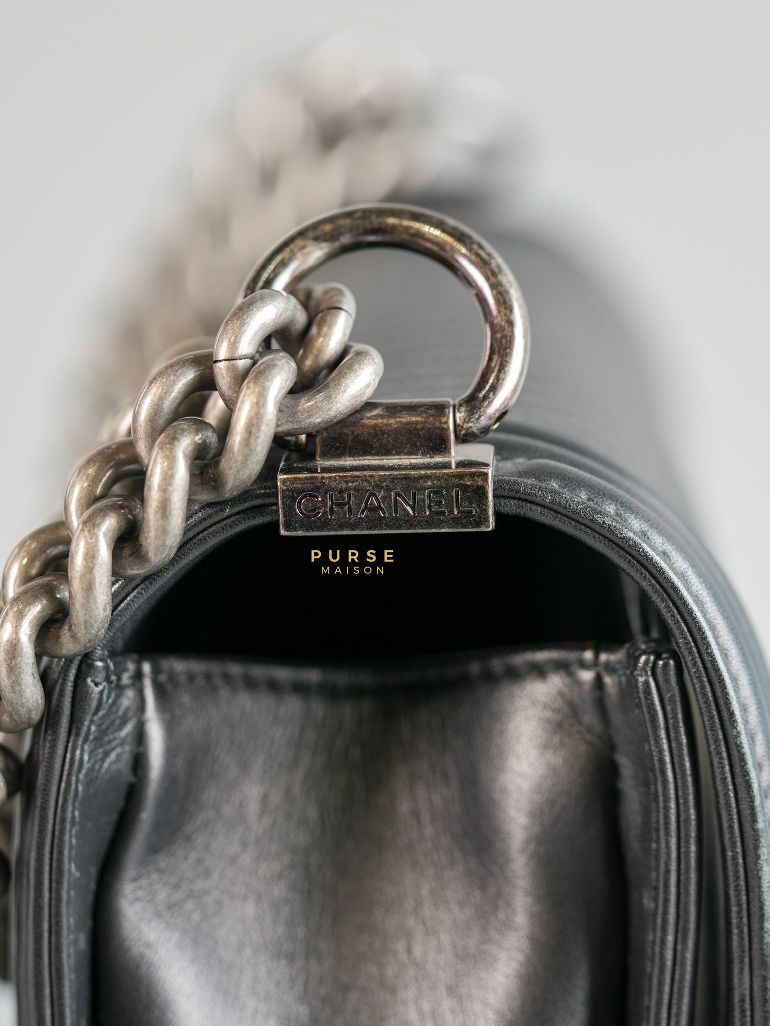 Boy New Medium Chevron Leather Boy Shoulder in Gun Metal Tone Hardware Series 20 | Purse Maison Luxury Bags Shop