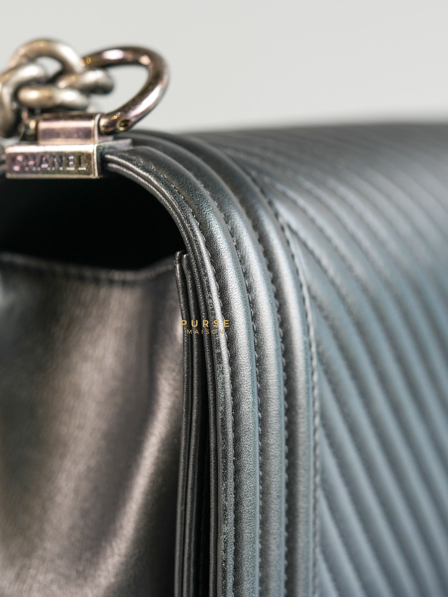 Boy New Medium Chevron Leather Boy Shoulder in Gun Metal Tone Hardware Series 20 | Purse Maison Luxury Bags Shop