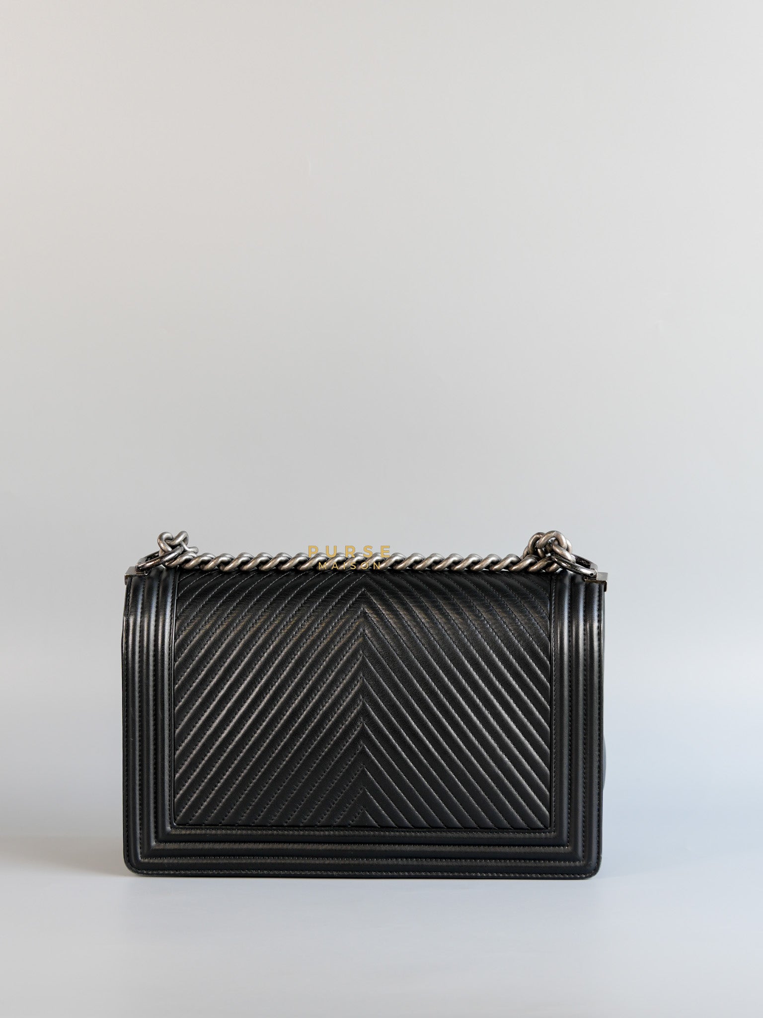 Boy New Medium Chevron Leather Boy Shoulder in Gun Metal Tone Hardware Series 20 | Purse Maison Luxury Bags Shop