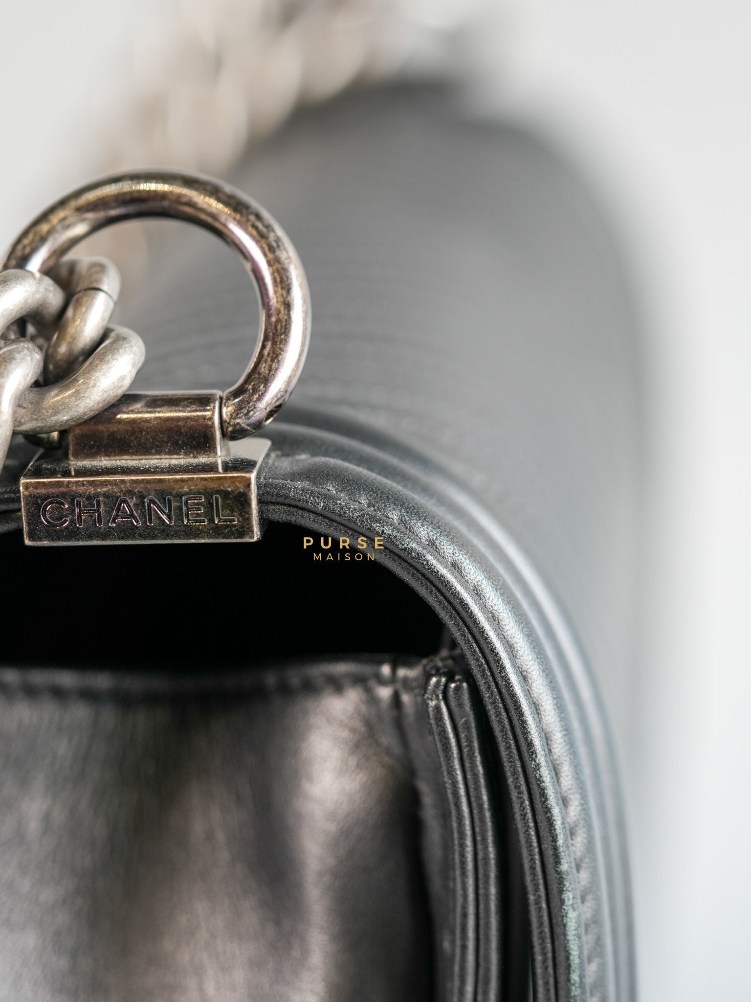 Boy New Medium Chevron Leather Boy Shoulder in Gun Metal Tone Hardware Series 20 | Purse Maison Luxury Bags Shop