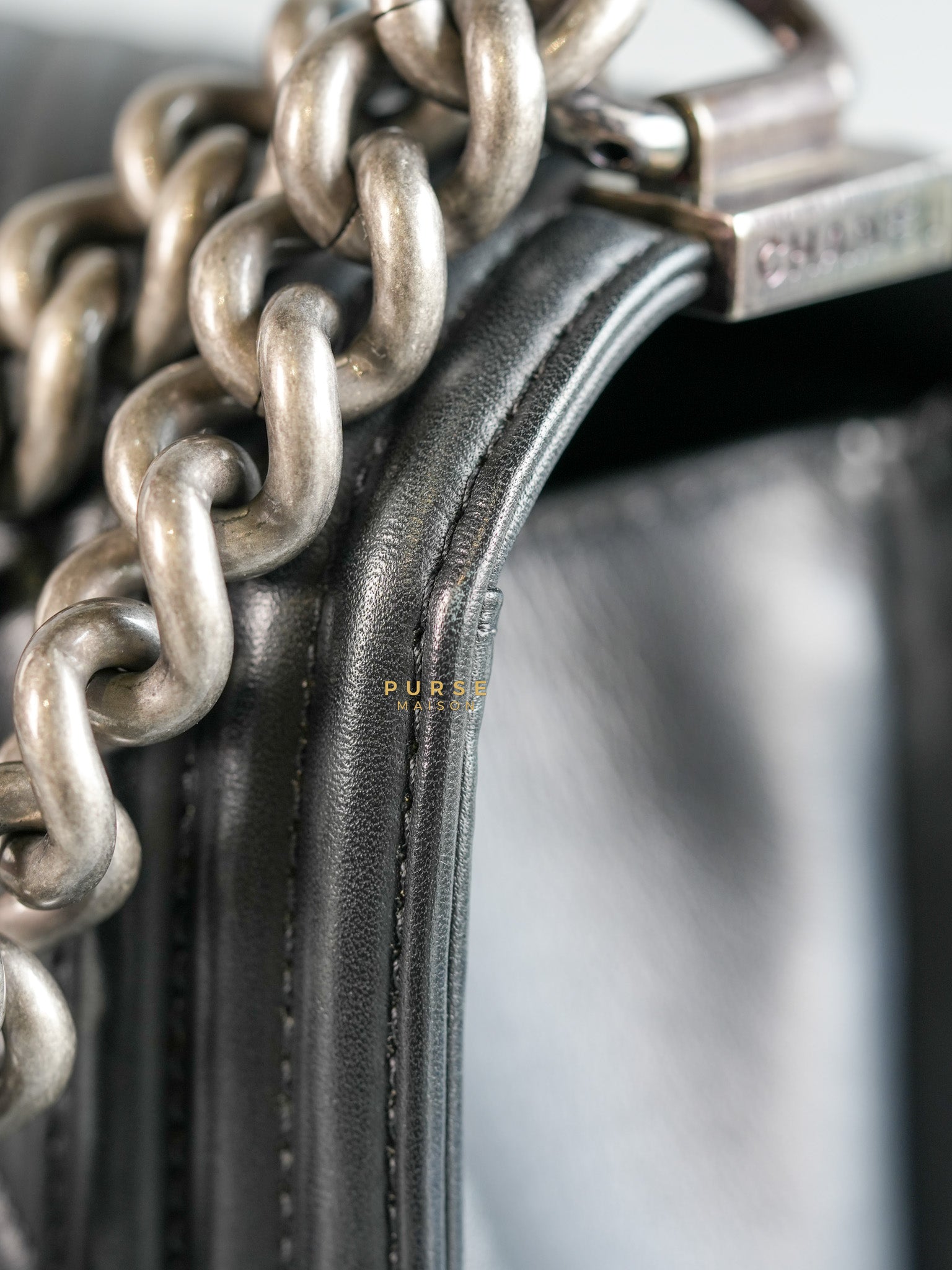 Boy New Medium Chevron Leather Boy Shoulder in Gun Metal Tone Hardware Series 20 | Purse Maison Luxury Bags Shop