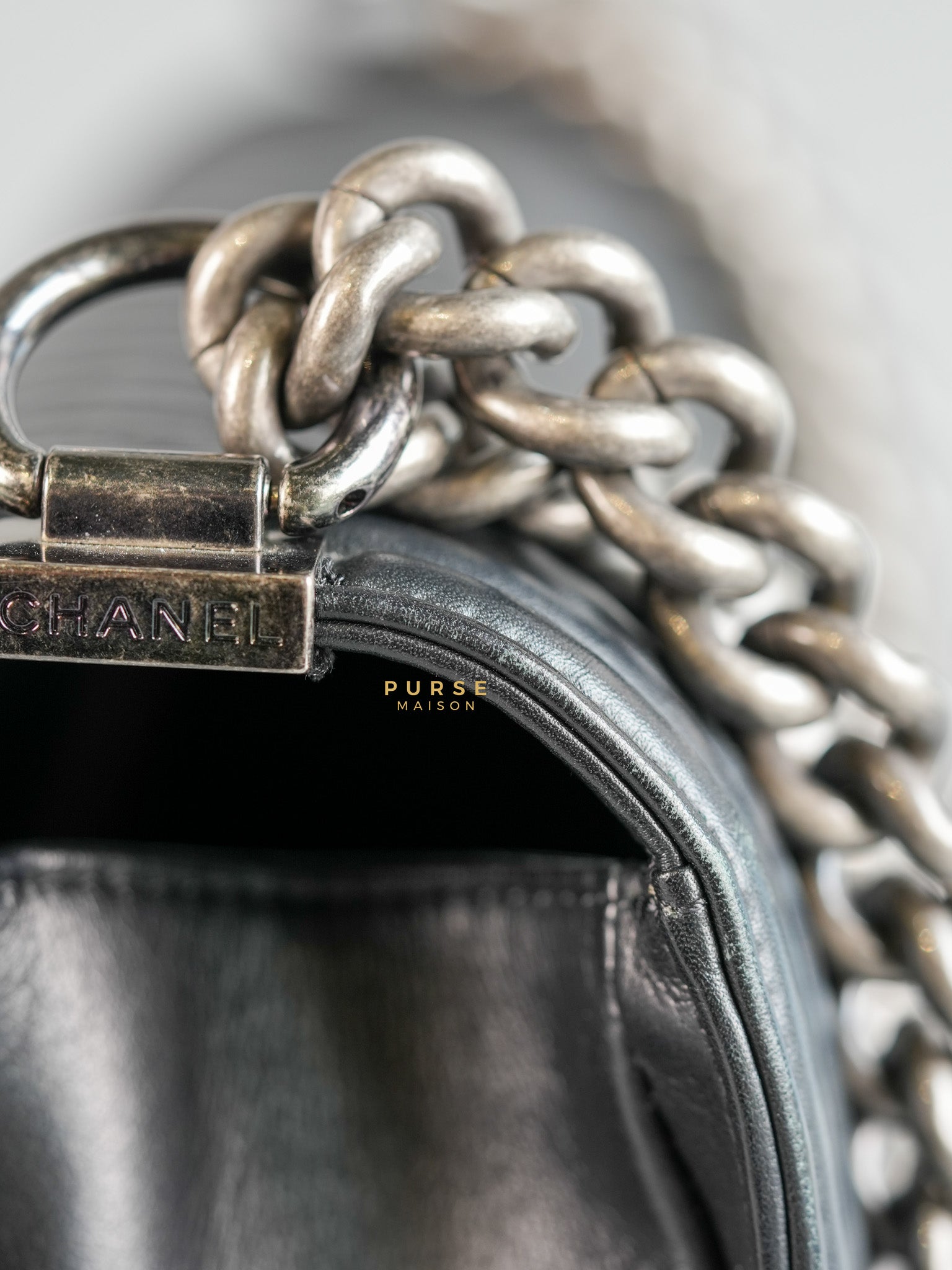 Boy New Medium Chevron Leather Boy Shoulder in Gun Metal Tone Hardware Series 20 | Purse Maison Luxury Bags Shop