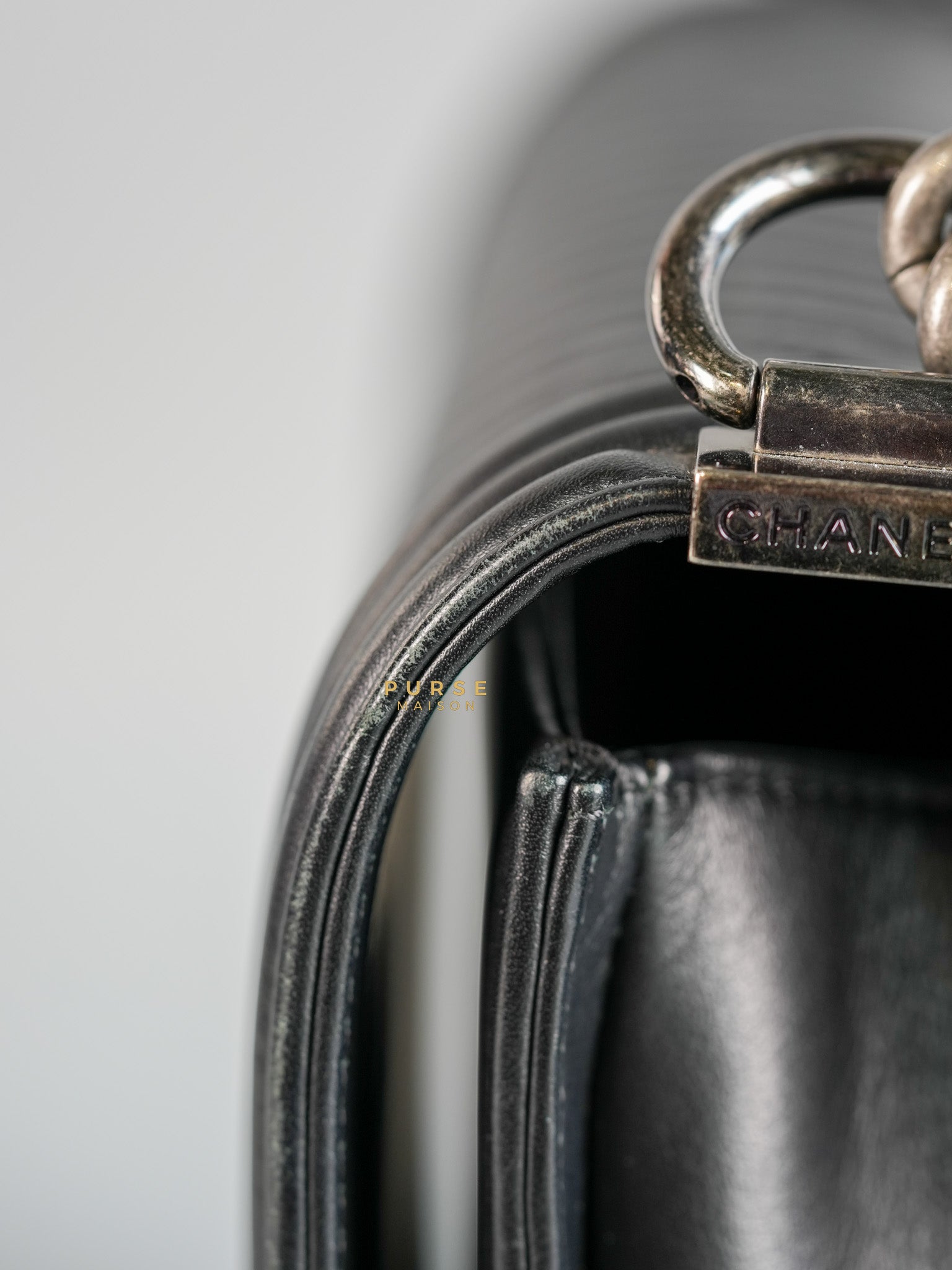 Boy New Medium Chevron Leather Boy Shoulder in Gun Metal Tone Hardware Series 20 | Purse Maison Luxury Bags Shop