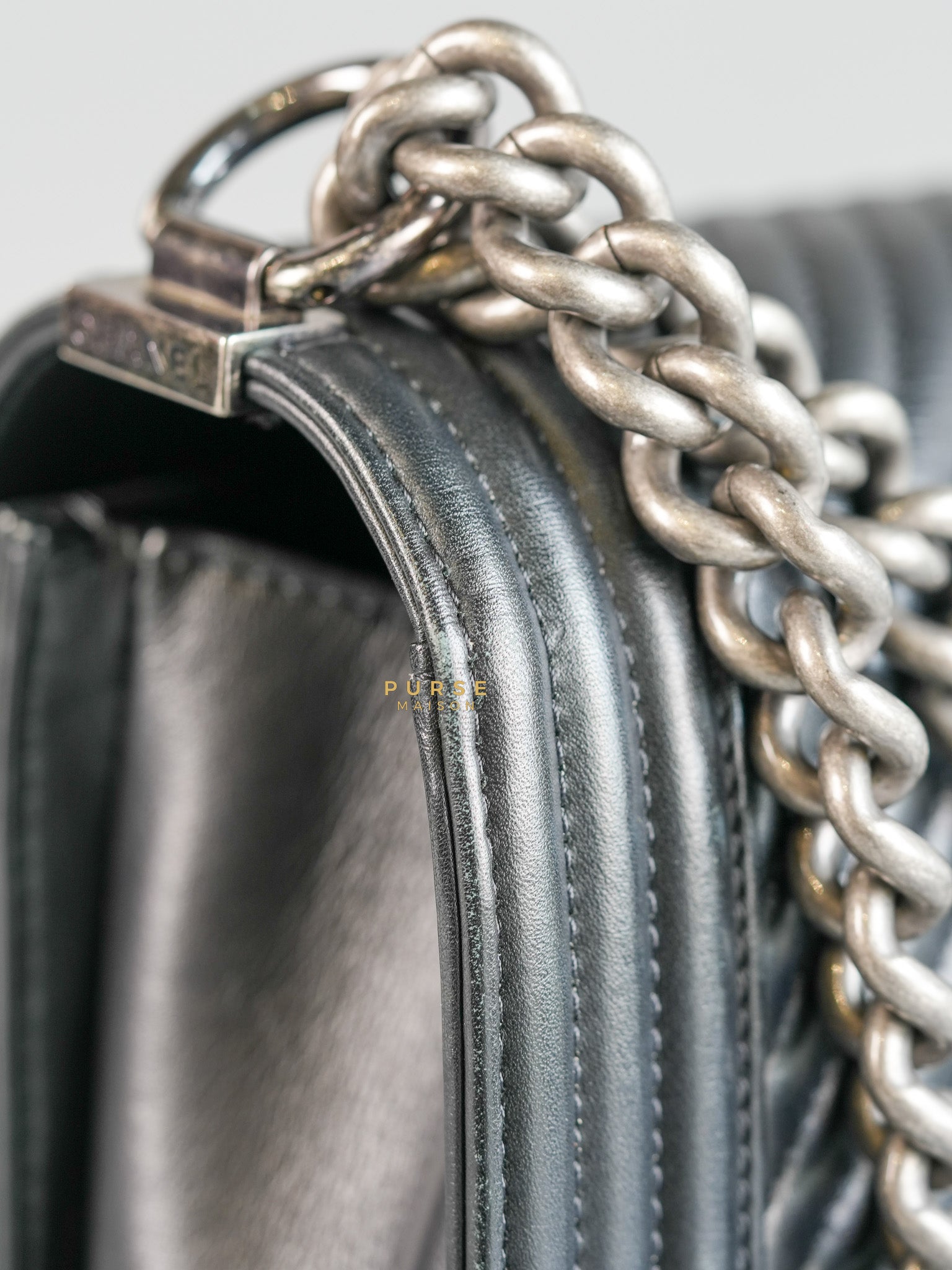 Boy New Medium Chevron Leather Boy Shoulder in Gun Metal Tone Hardware Series 20 | Purse Maison Luxury Bags Shop